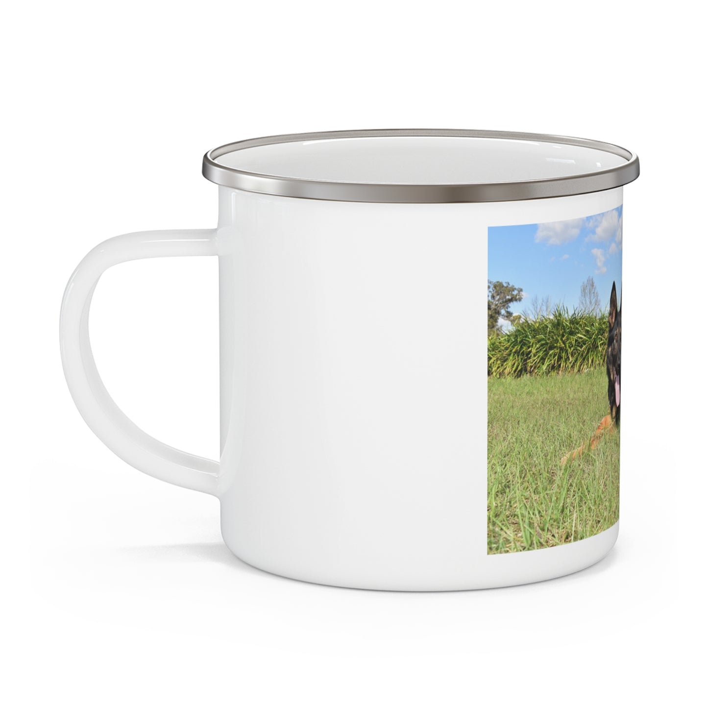 Enamel Campfire Dog Lover Stainless Steel Mug With a Czech DDR German Shepherd