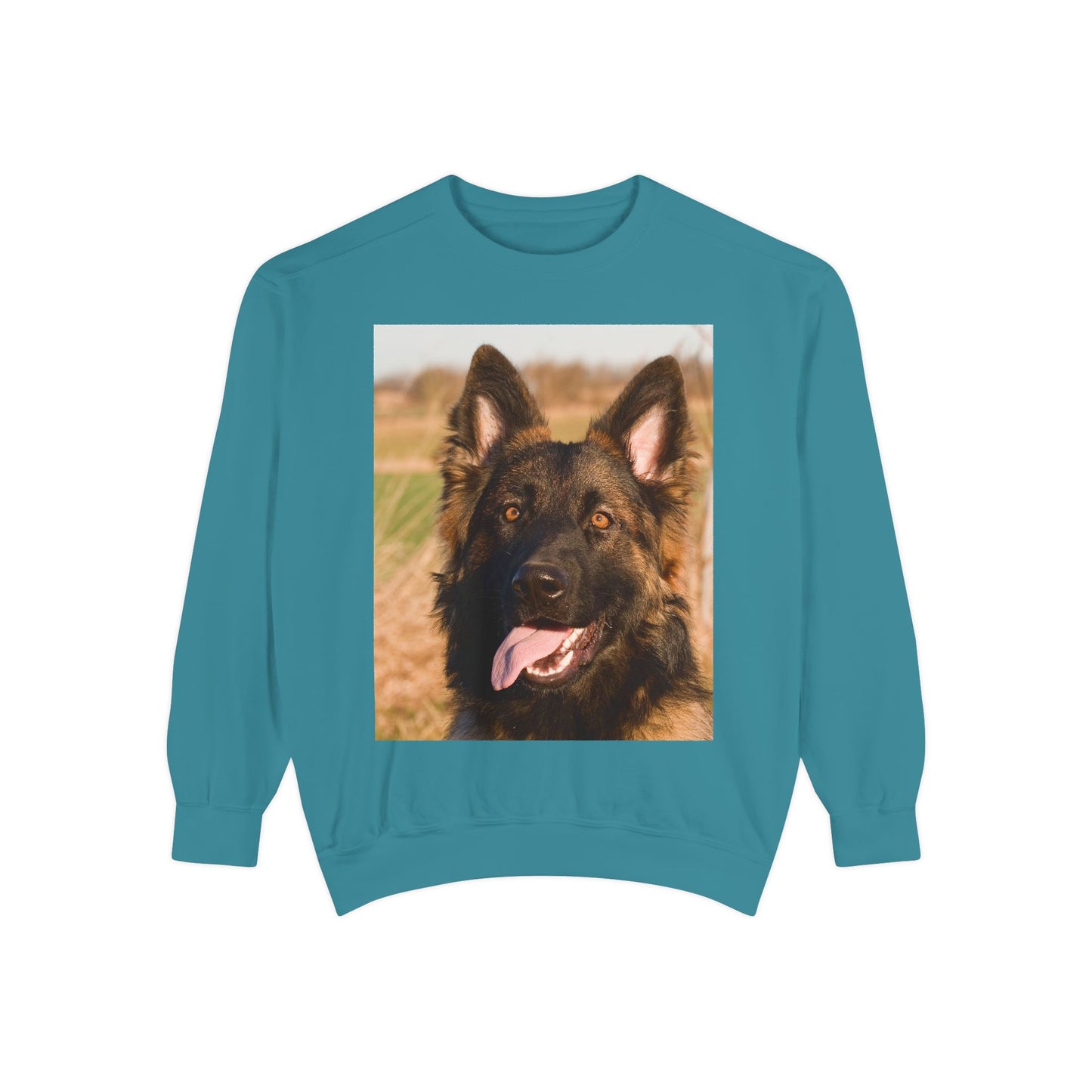 Unisex Dog Lover Sweatshirt With Close Up of Long Coat German Shepherd Sticking Tongue Out