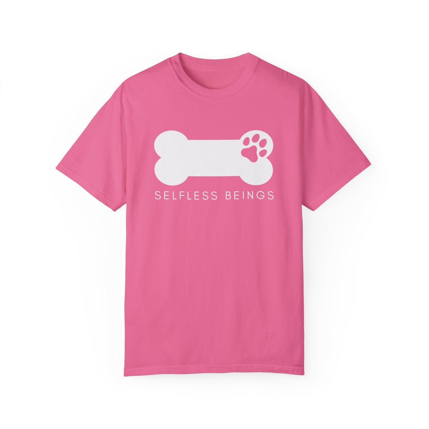 Unisex Dog Lover T-Shirt With Dog's Paw Print Inside a Bone and Caption Selfless Beings