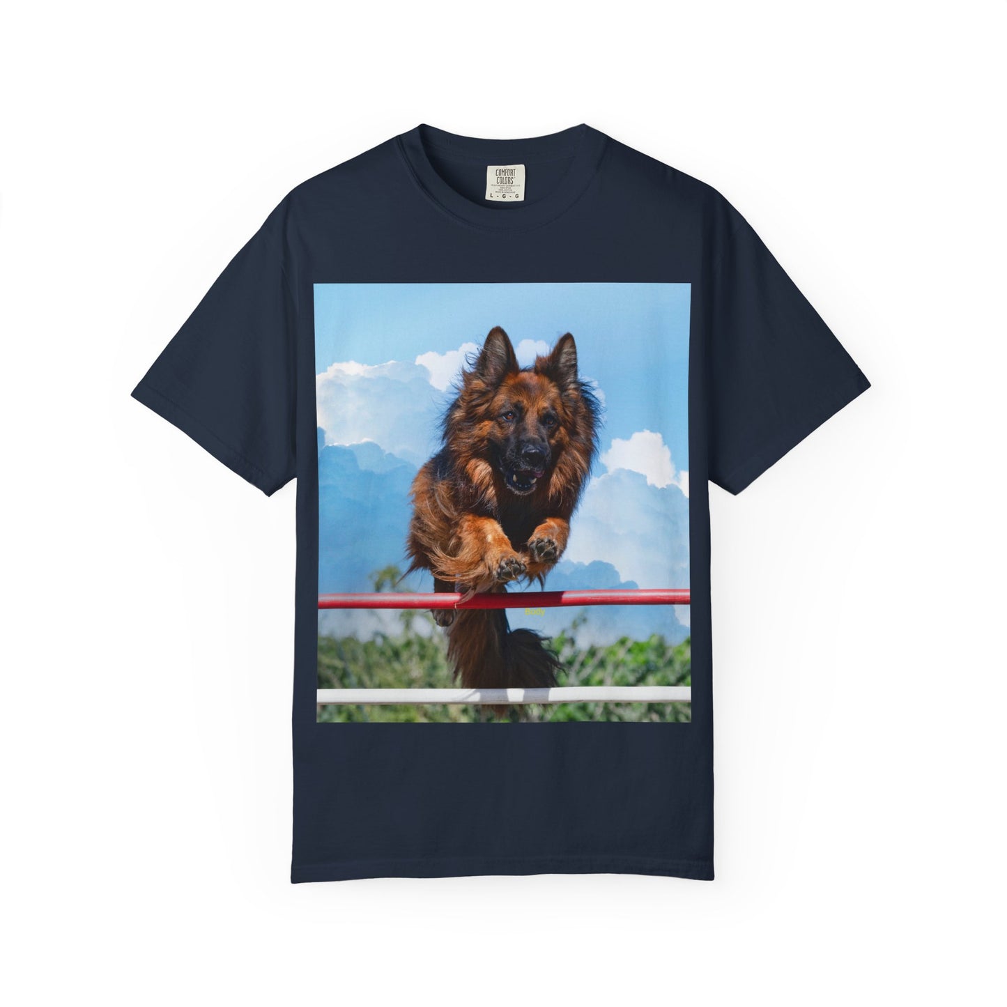 Unisex Dog Lovers T-Shirt Featuring a German Shepherd Jumping An Agility Fence