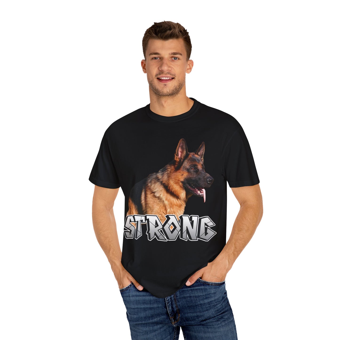 Unisex T-Shirt With German Shepherd Leaving Tongue Out Standing for a Pose and Text STRONG