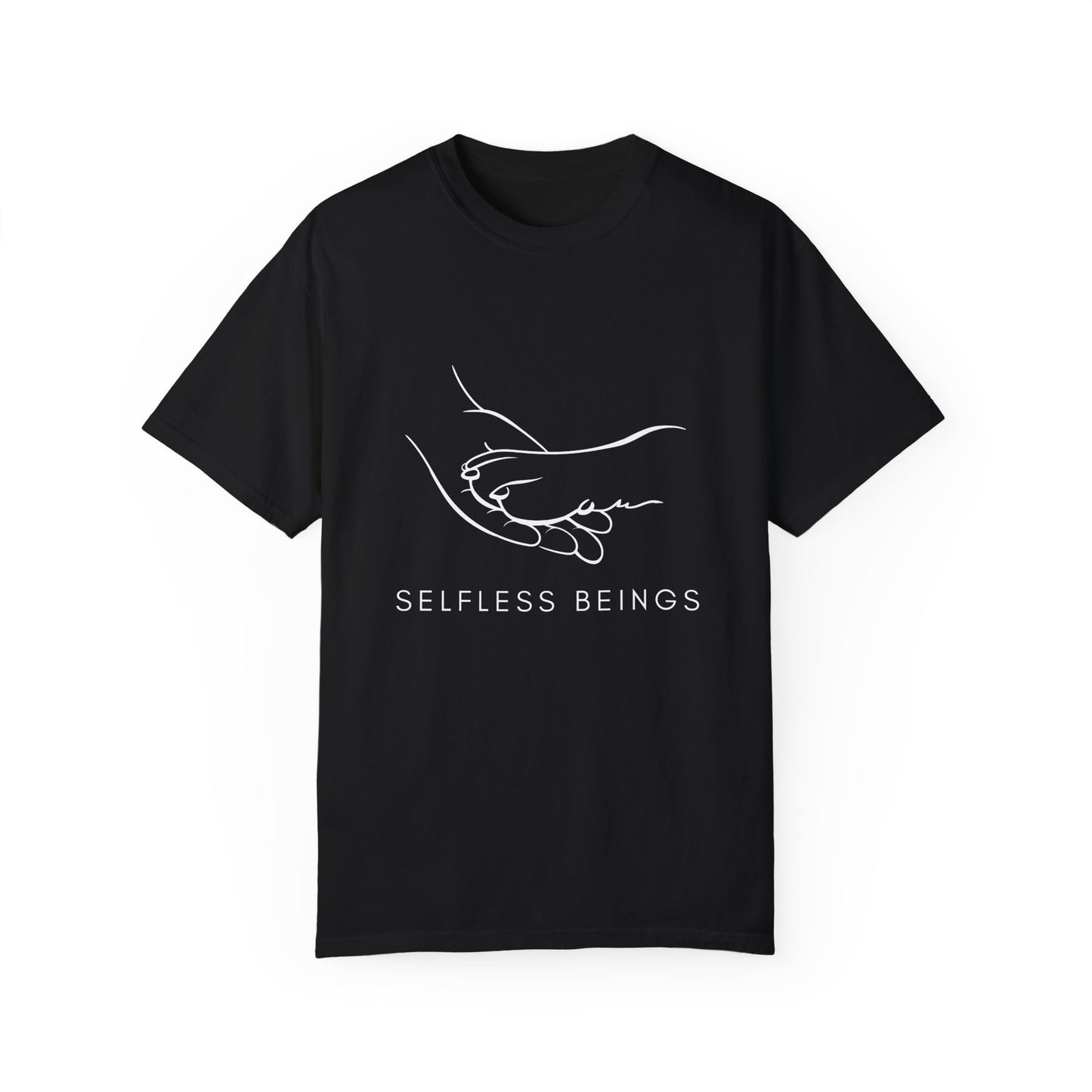 Unisex Dog Lover T-Shirt With Illustration of Dog Paw on Human Hand and Caption Selfless Beings Below