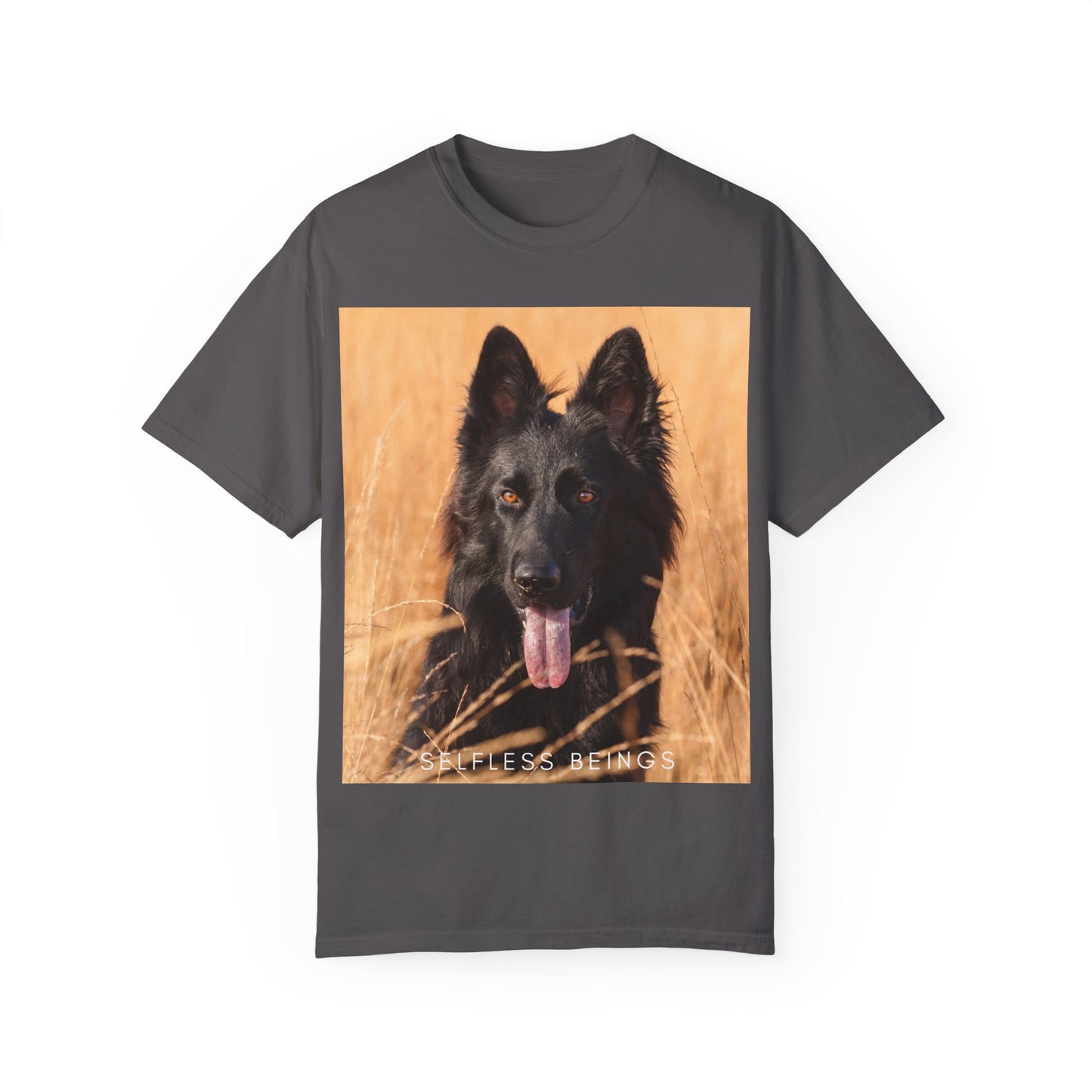 Unisex Dog Lover T-Shirt With Solid Black German Shepherd in the Middle of Long Dry Grass Leaving Tongue and Caption Selfless Beings
