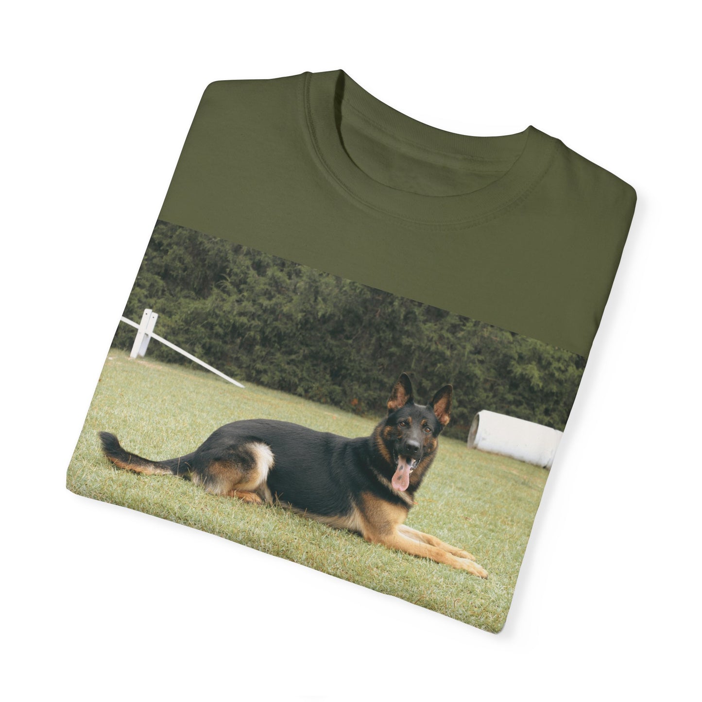 Unisex Dog Lover T-Shirt With a Giant German Shepherd Resting On the Grass Leaving Tongue Out and Text A Dog's Love Knows