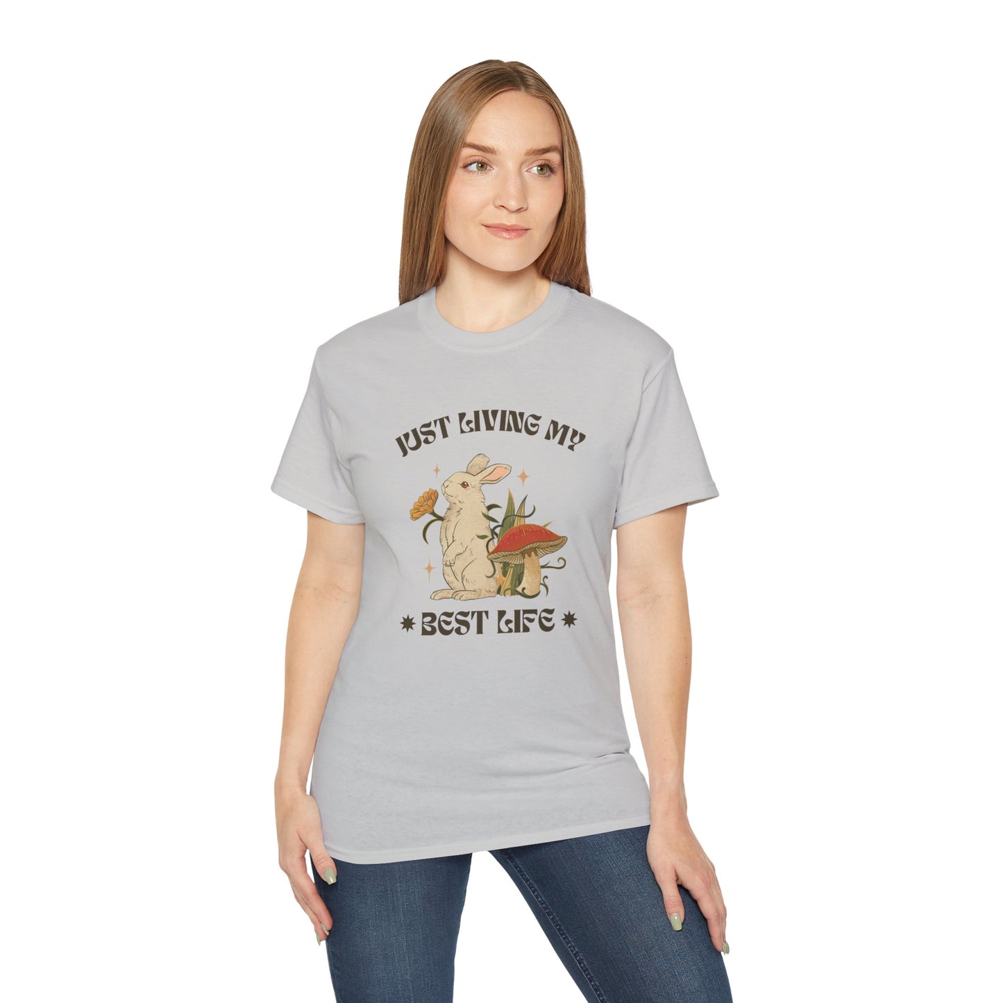 Unisex Ultra Cotton Tee - Just Living My Best Life Bunny Design, Cute Rabbit Shirt, Gift for Animal Lovers, Spring Fashion