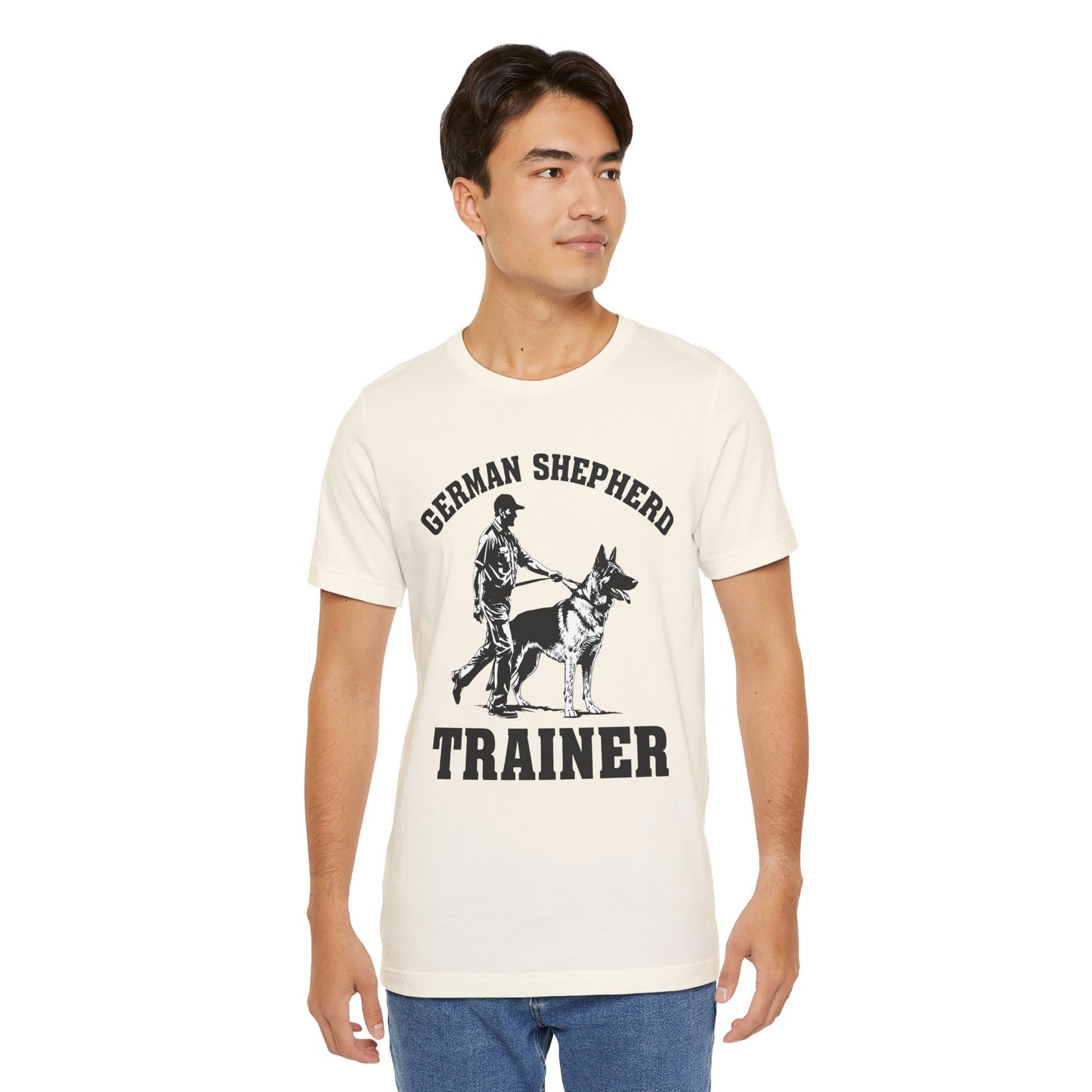 German Shepherd Trainer Tee - Black and White Design of Man Holding a German Shepherd