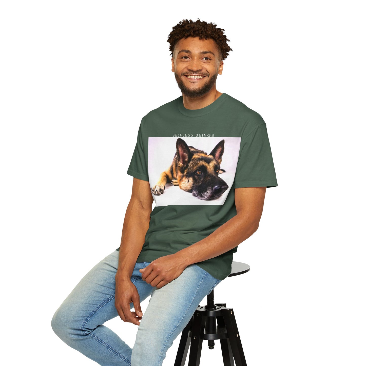 Unisex Dog Lover T-Shirt With Close Up of Bored German Shepherd Laying His Head On the Floor and Caption Selfless Beings