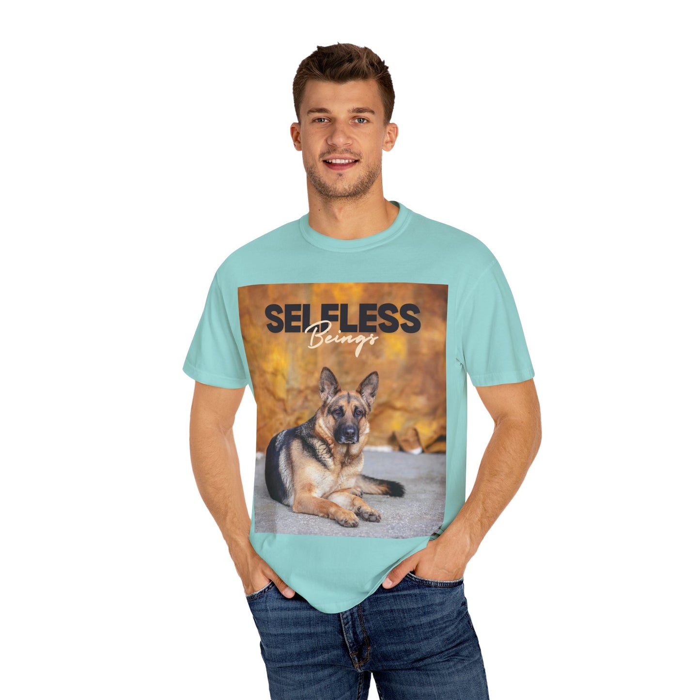 Unisex Dog Lover T-Shirt With Showline German Shepherd Posing for Camera, Autumn Background and Caption Selfless Beings