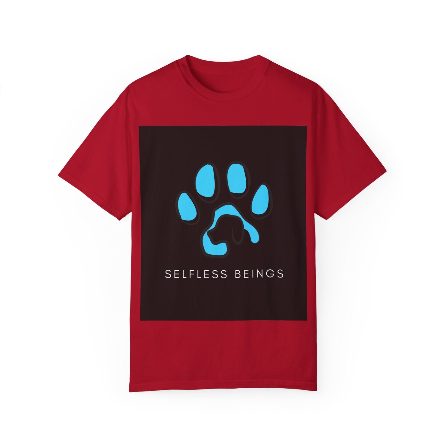Unisex Dog Lover T-Shirt With Graphic of Blue Colored Dog Paw's Print Whose Metacarpal Contains a Design of Black Dog and Caption Selfless Beings Below