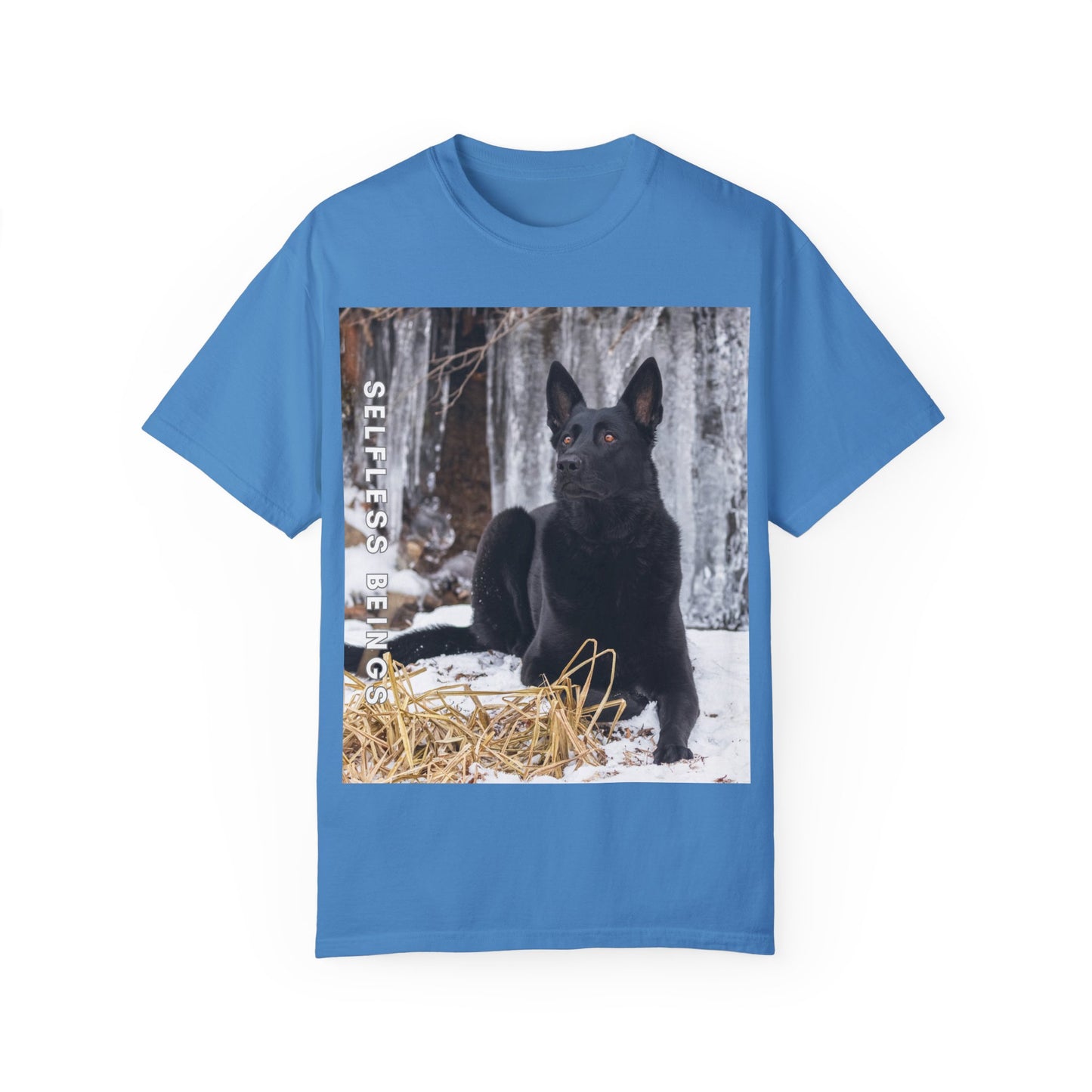 Unisex Dog Lover T-Shirt With Solid Black German Shepherd Sitting on the Snow, Ice Spikes in the Background and Caption Selfless Beings