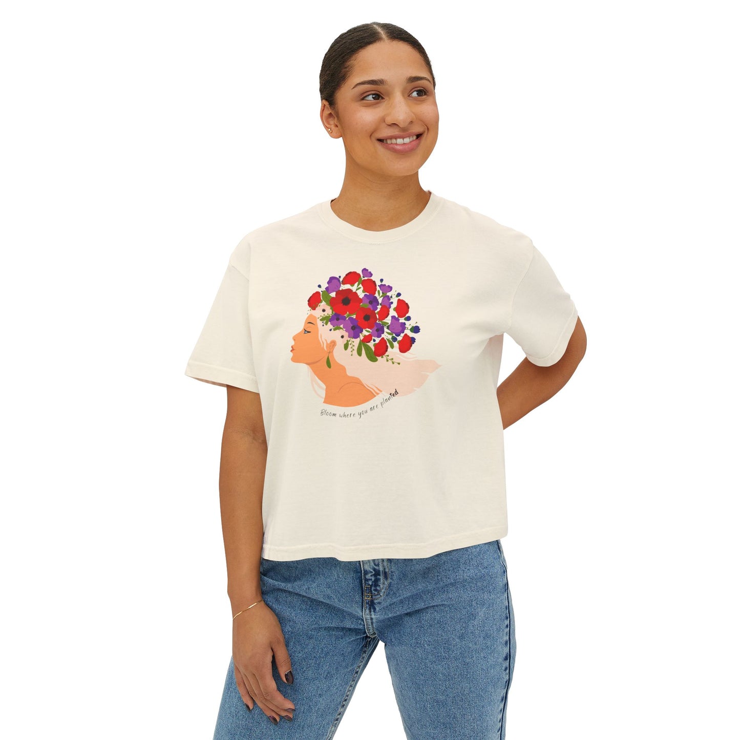 Women's Floral Boxy Tee - Bloom Where You're Planted, Casual T-Shirt, Spring Fashion, Gift for Her, Boho Style, Flower Graphic Tee