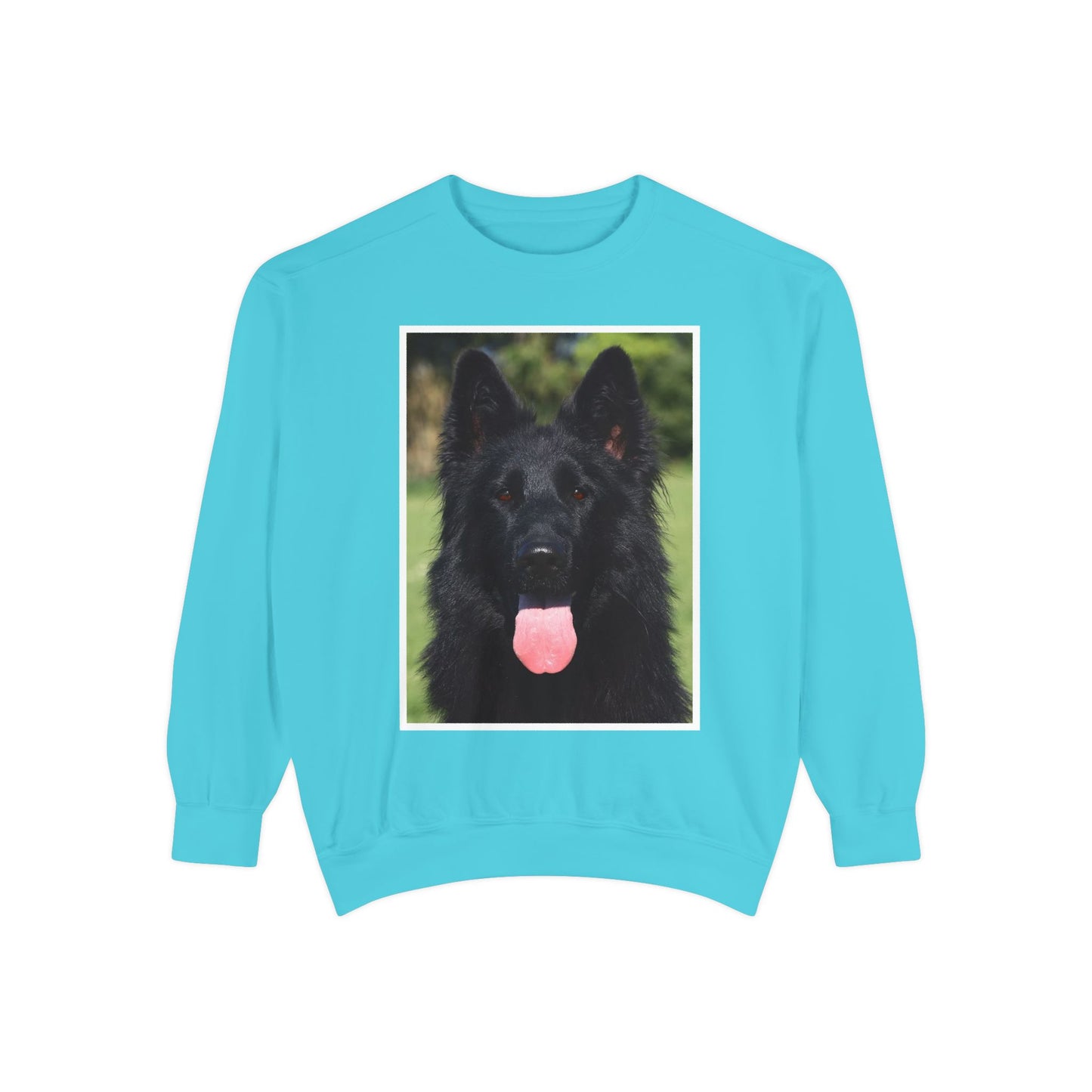 Unisex Dog Lover Sweatshirt With a Close Up of Solid Black German Shepherd Leaving Hanging Tongue