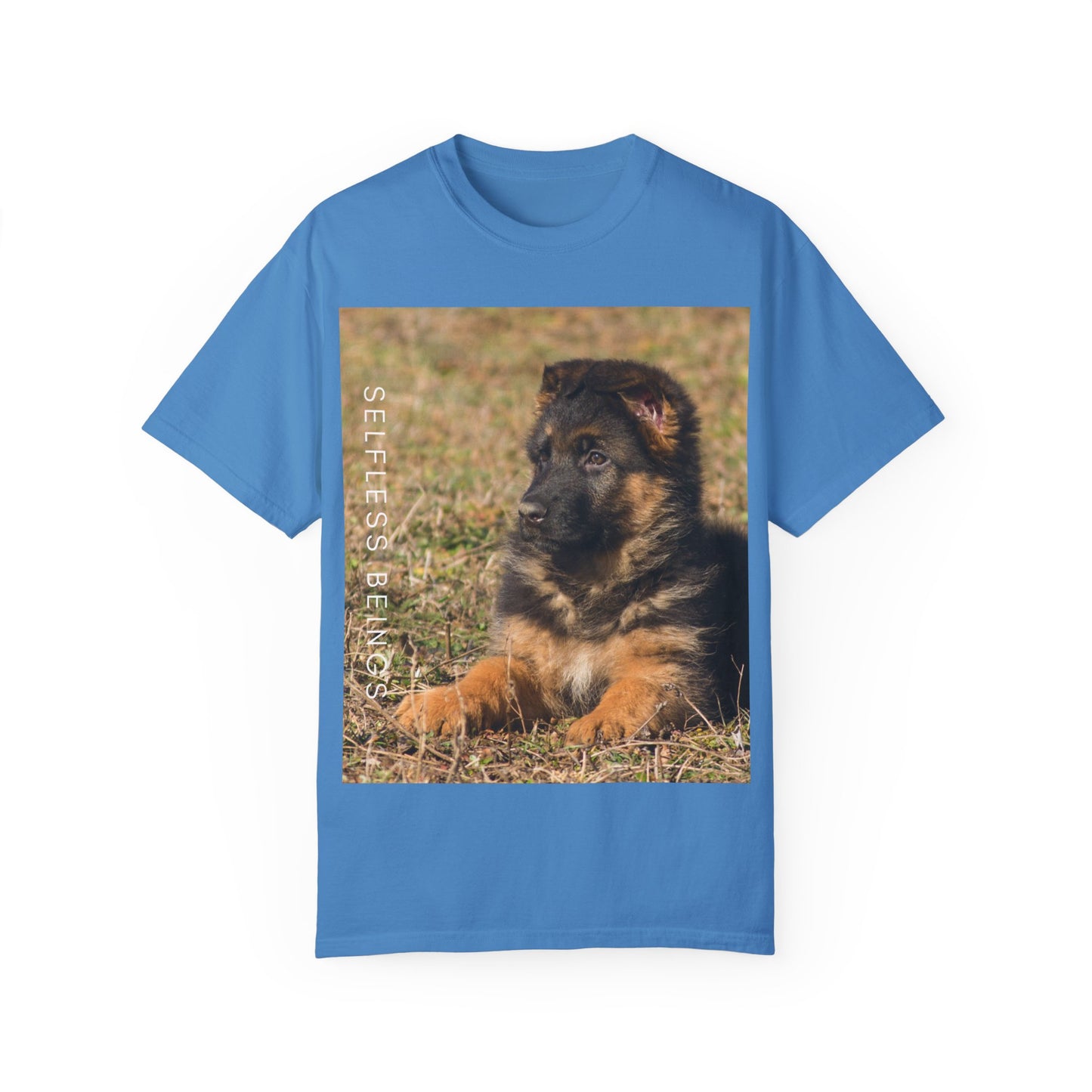 Unisex Dog Lover T-Shirt With Beautiful German Shepherd Puppy Resting On the Grass and Caption Selfless Beings