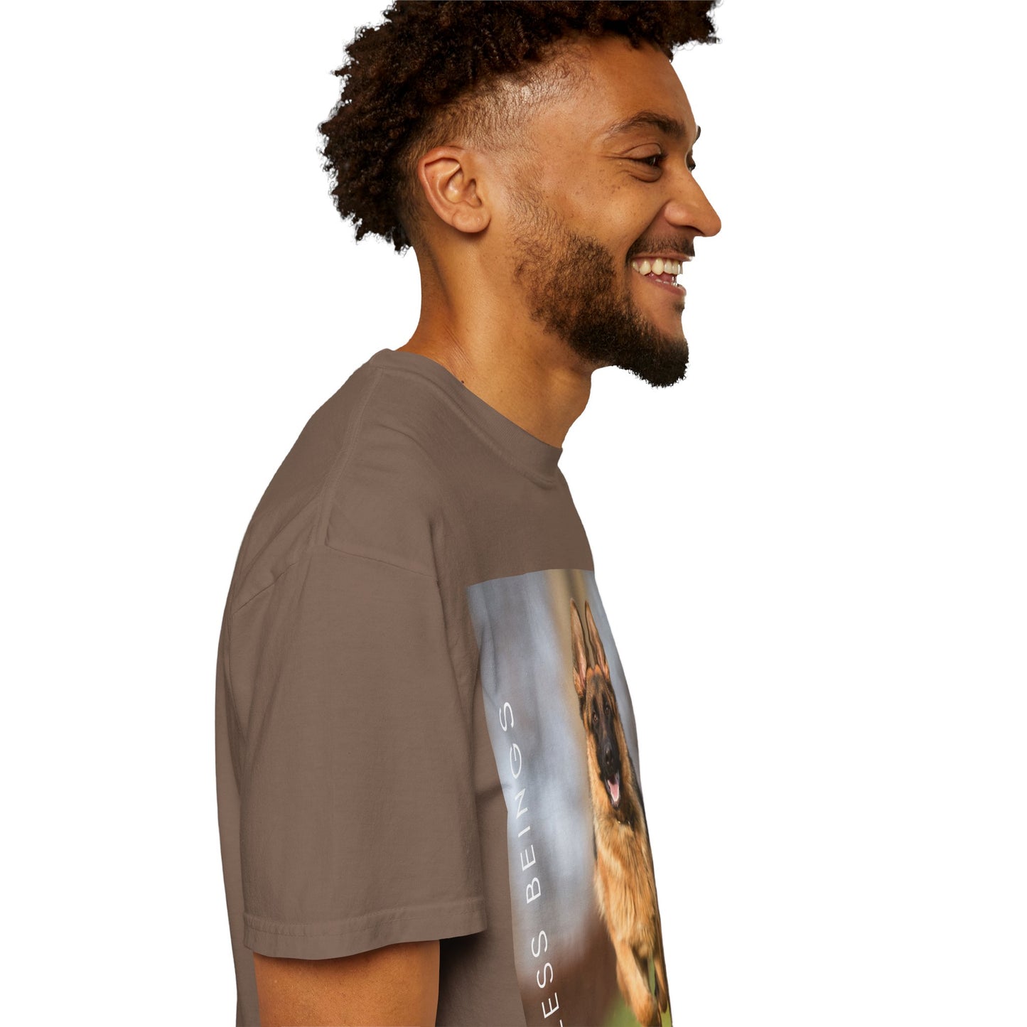 Unisex Dog Lover T-Shirt With Large German Shepherd Running on the Grass and Caption Selfless Beings