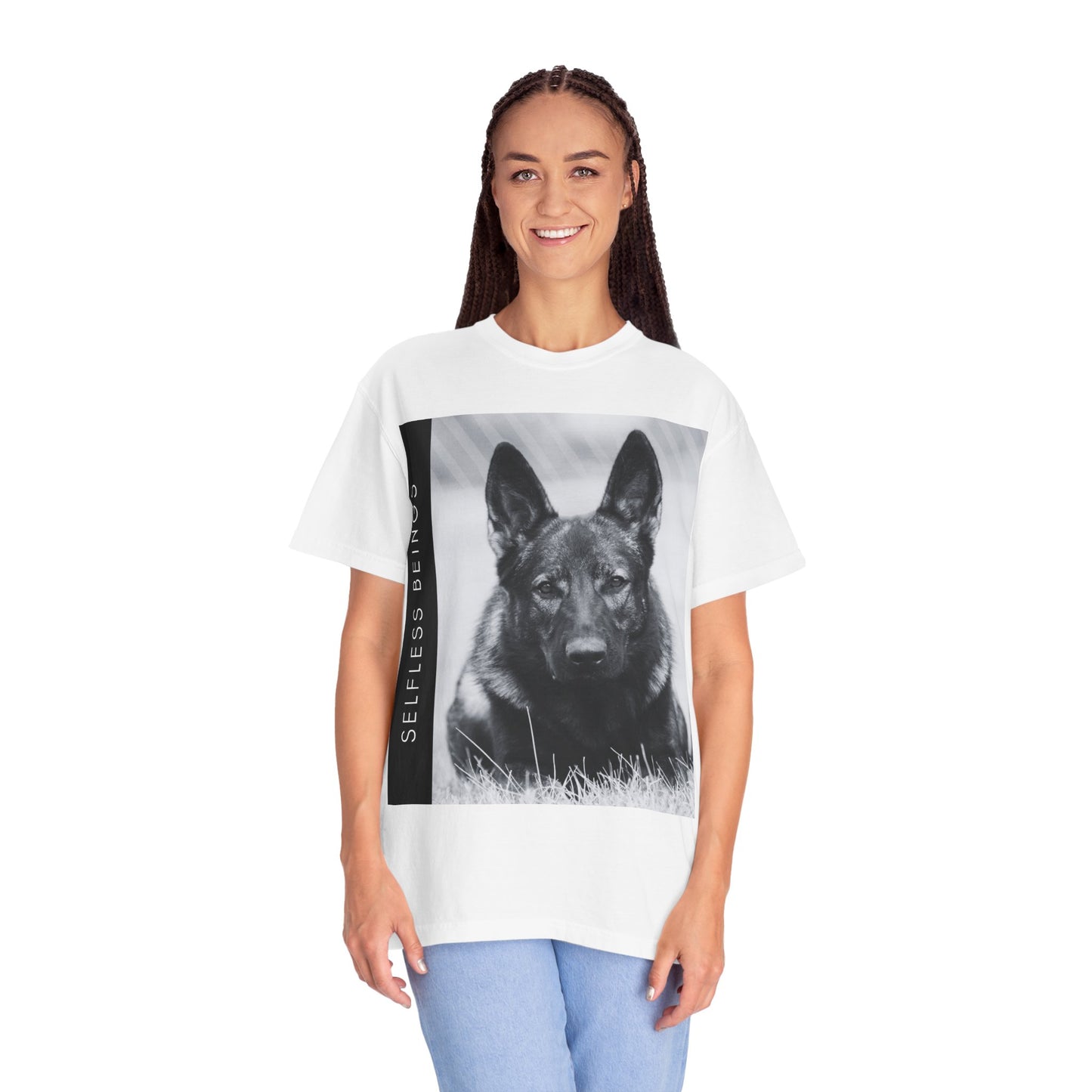 Unisex Dog Lover T-Shirt With a Working Line German Shepherd Resting on the Grass and Caption Selfless Beings