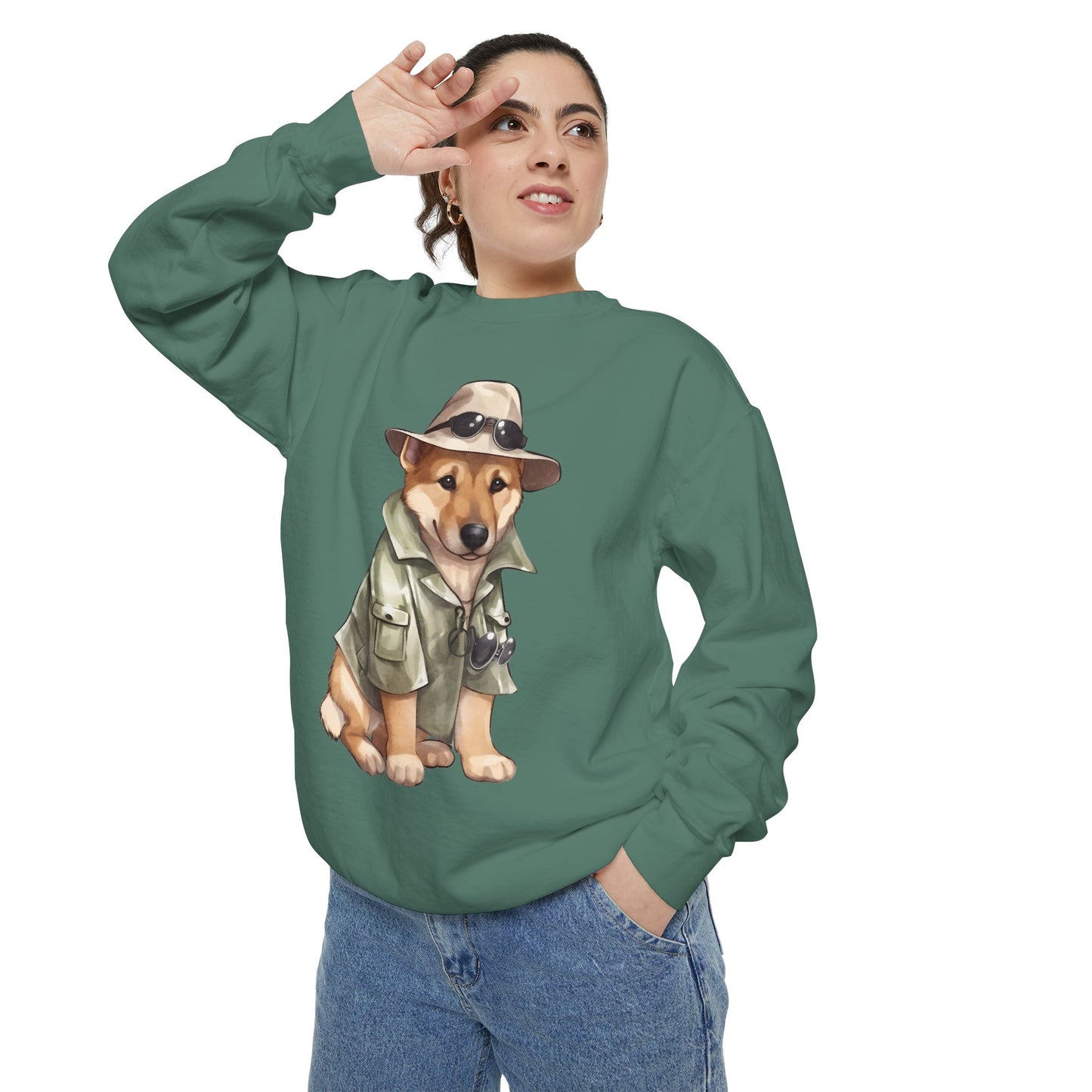 Unisex Dog Lover Sweatshirt With a Graphic of German Shepherd Wearing Detector's Hat and Costume