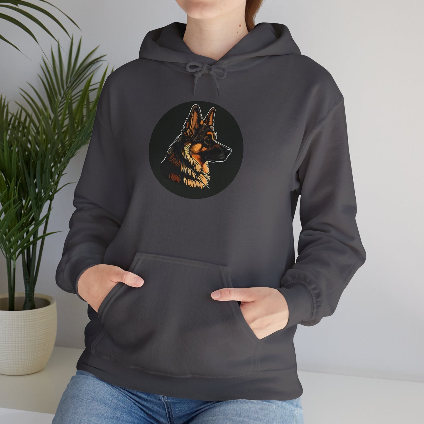 Unisex Dog Lover Hoodie With a Close Up Graphic of a German Shepherd Inside a Black Circle
