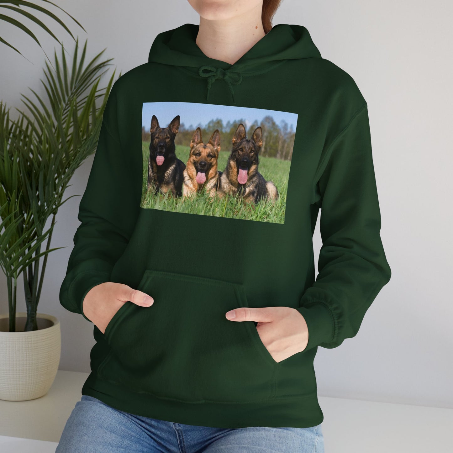A Dog Lover Hoodie With Three Giant German Shepherds Lying on The Grass Leaving Tongues Out