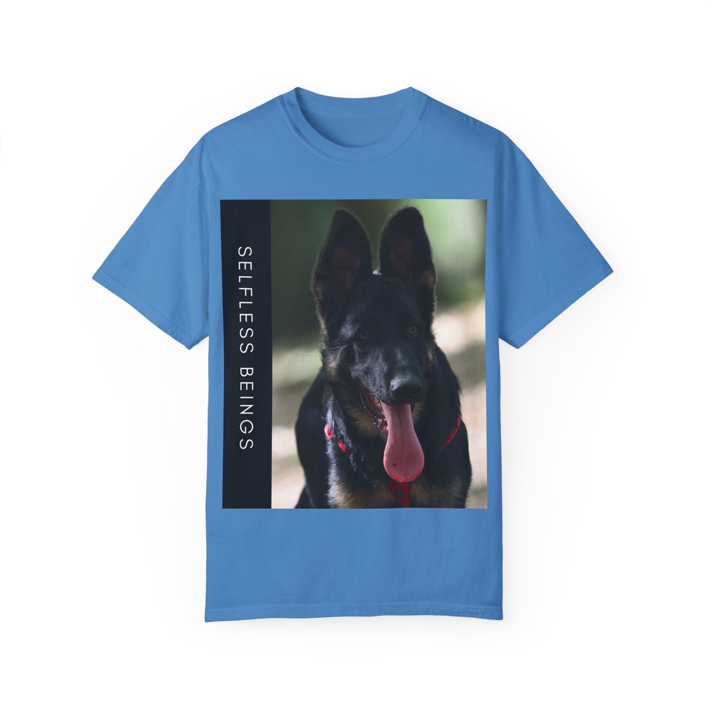 Unisex Dog Lover T-Shirt With Close Up Portrait of Slim German Shepherd Leaving His Tongue Out and Caption Selfless Beings