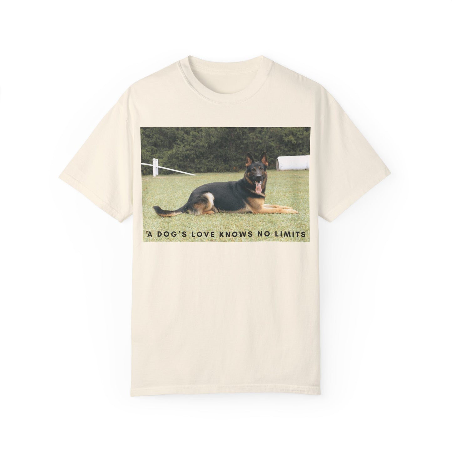 Unisex Dog Lover T-Shirt With a Giant German Shepherd Resting On the Grass Leaving Tongue Out and Text A Dog's Love Knows