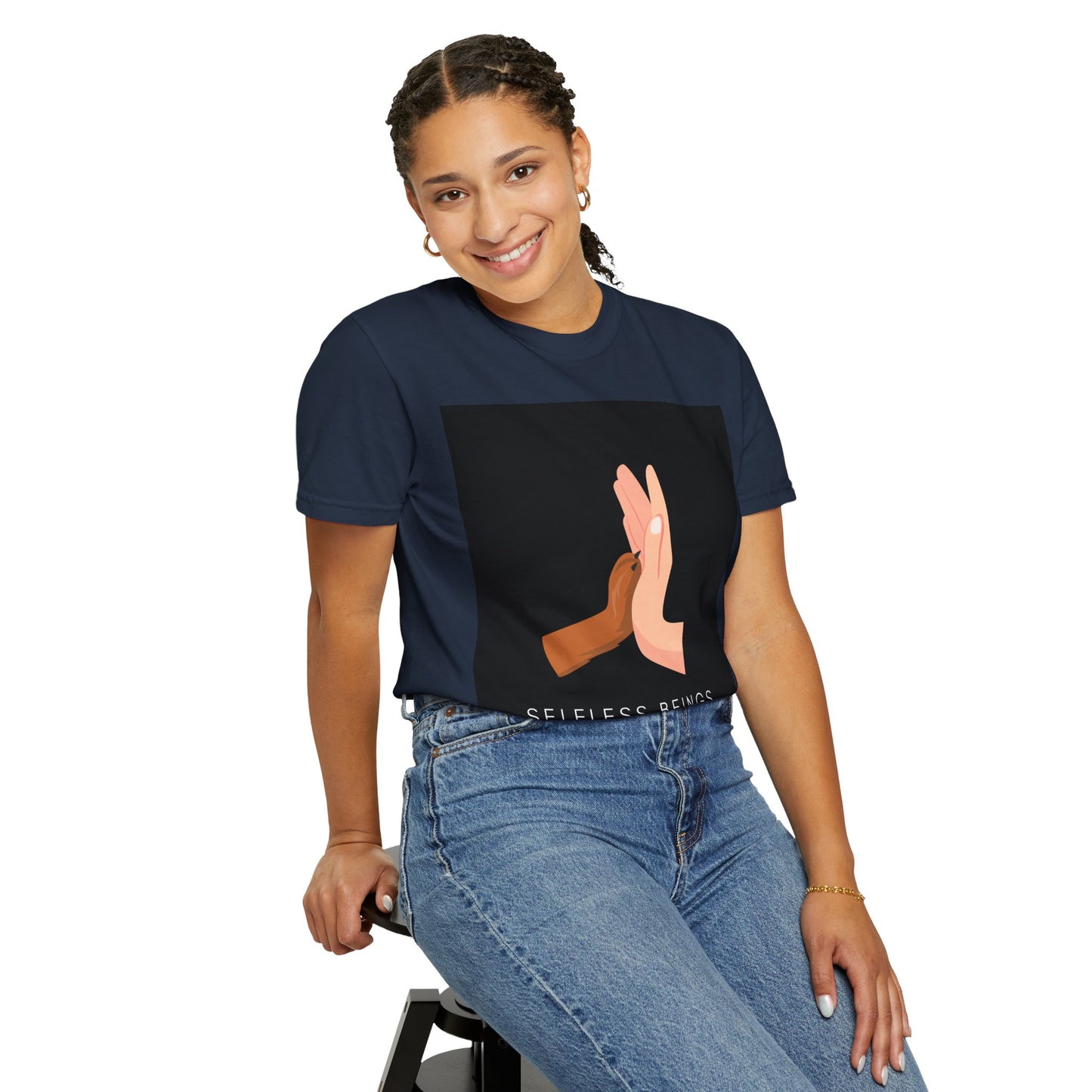 Unisex Dog Lover T-Shirt With Graphic of Human Hand Touching Dog's Paw and Selfless Beings Caption Below