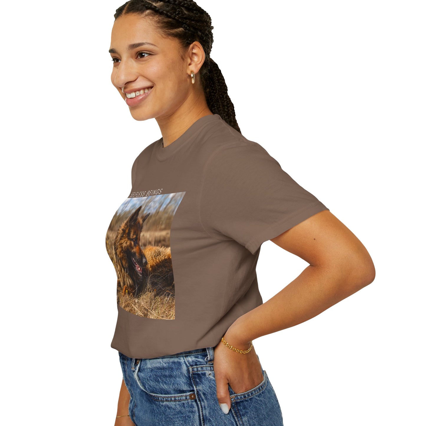 Unisex Dog Lover T-Shirt With a German Shepherd Lying on the Dry Grass in Spring and Caption Selfless Beings