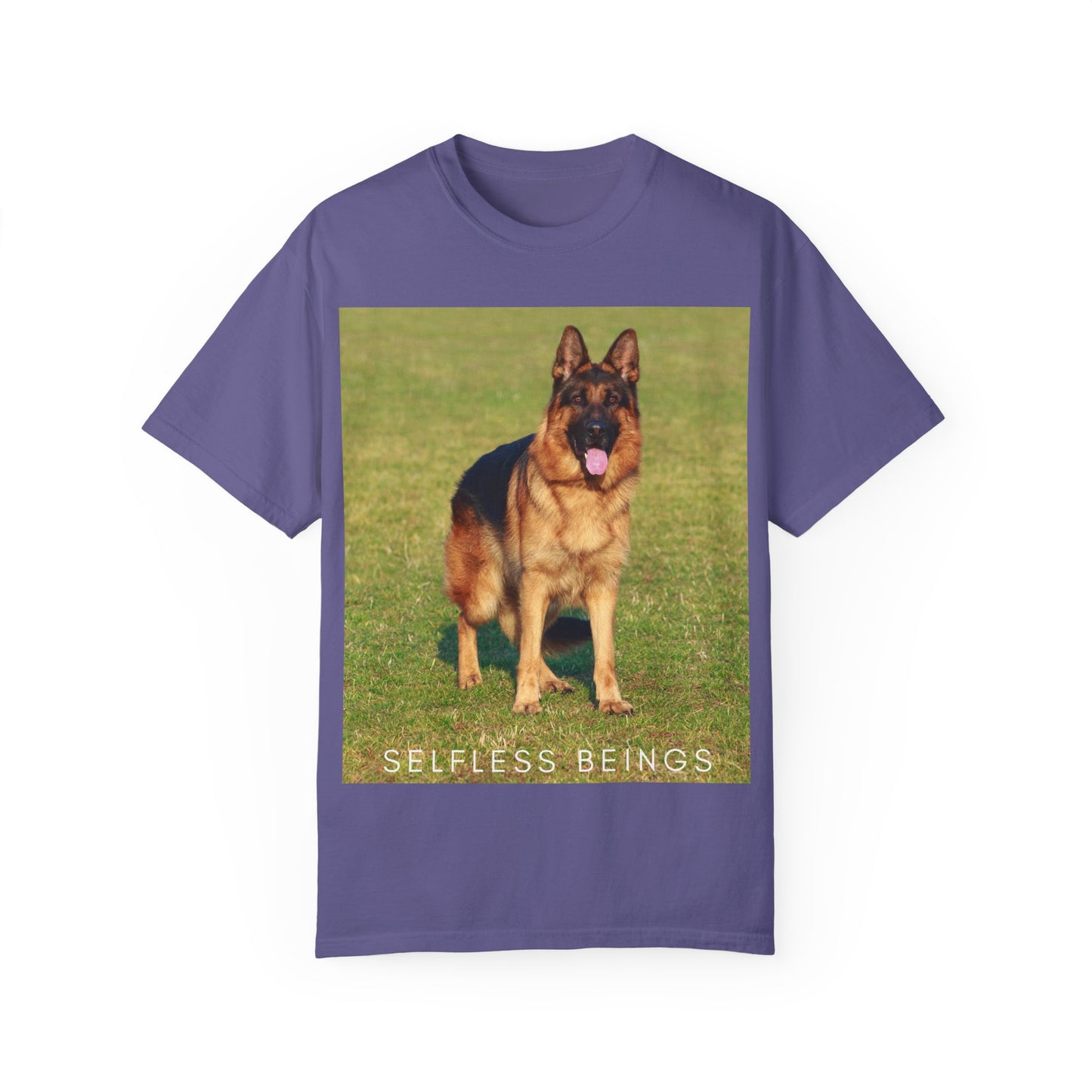 Unisex Dog Lover T-shirt With a German Shepherd on the Sports Grass Field and Caption Selfless Beings