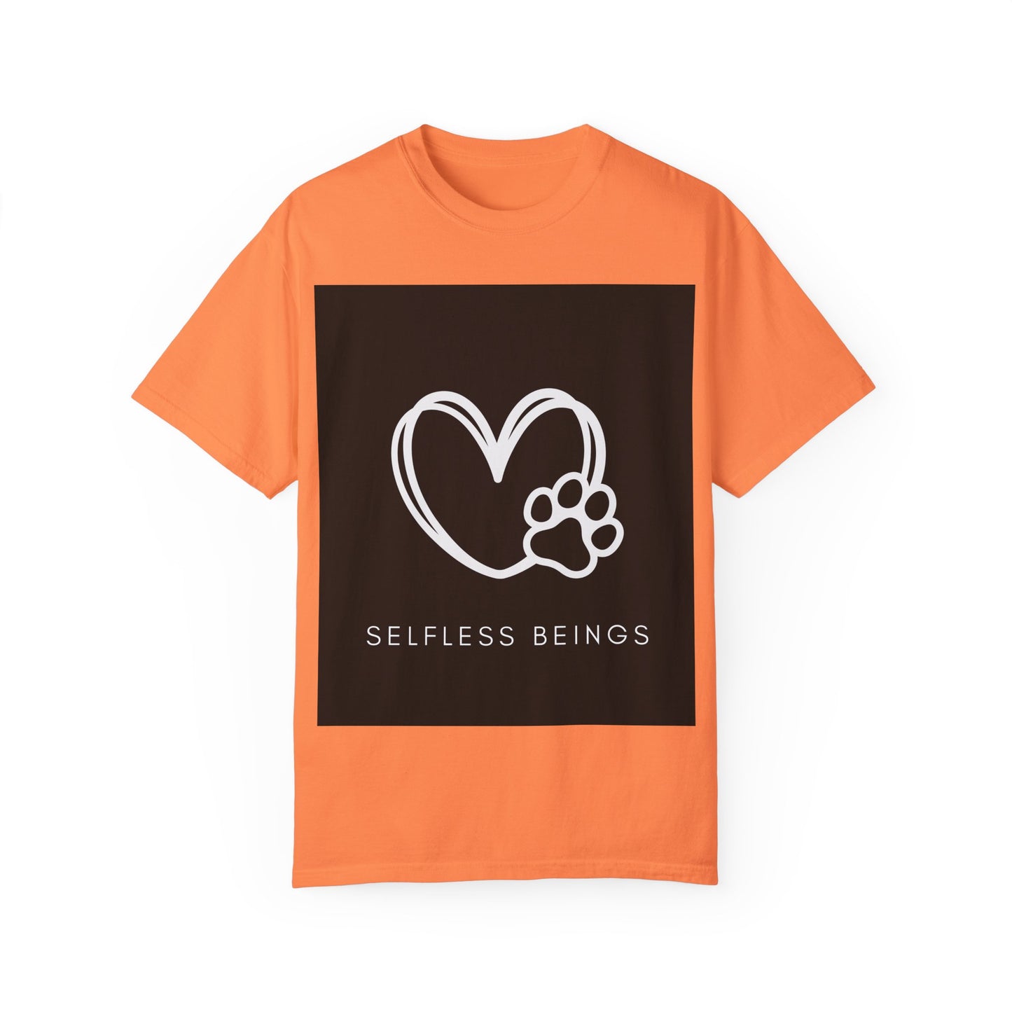 Unisex Dog Lover T-Shirt With White Heart and Dog's Paw Print on Right Side and Caption Selfless Beings