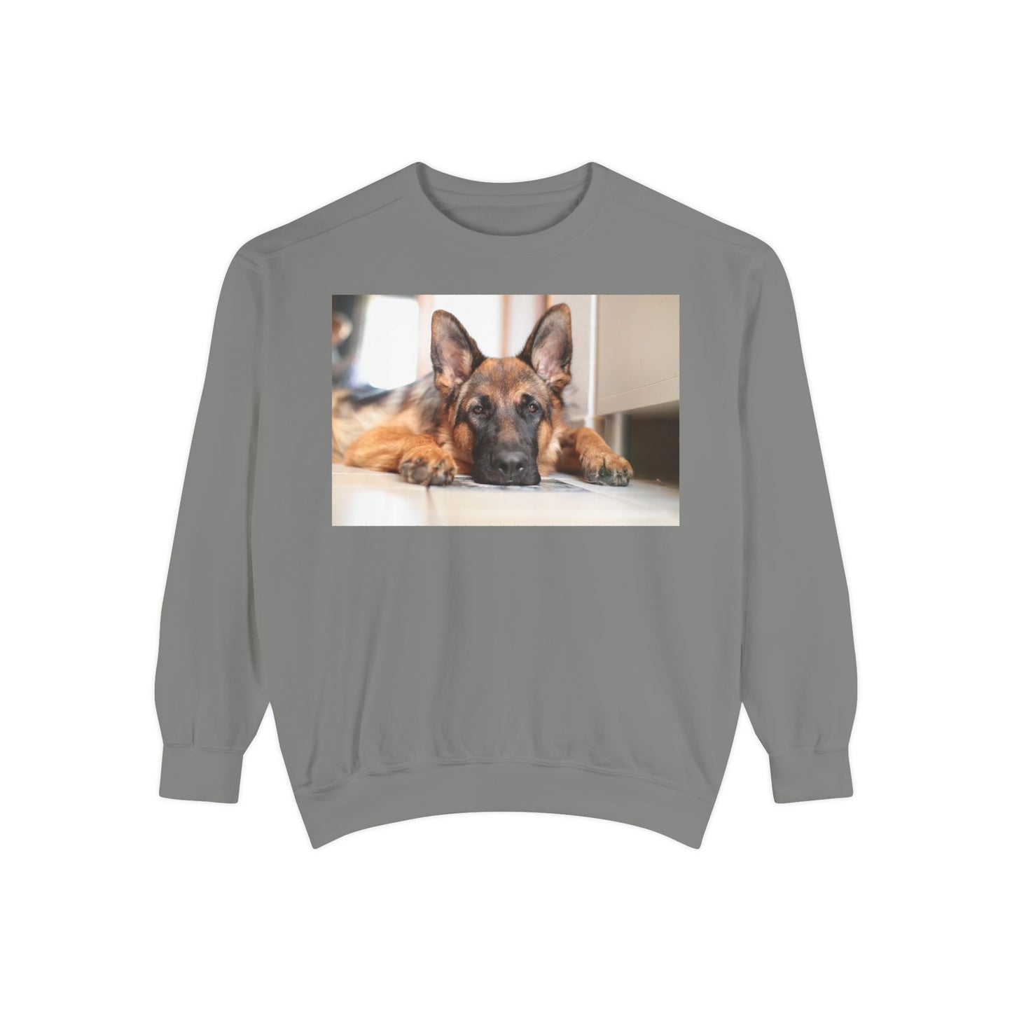 Unisex Dog Lover Sweatshirt With a German Shepherd Lying His Head on the Floor