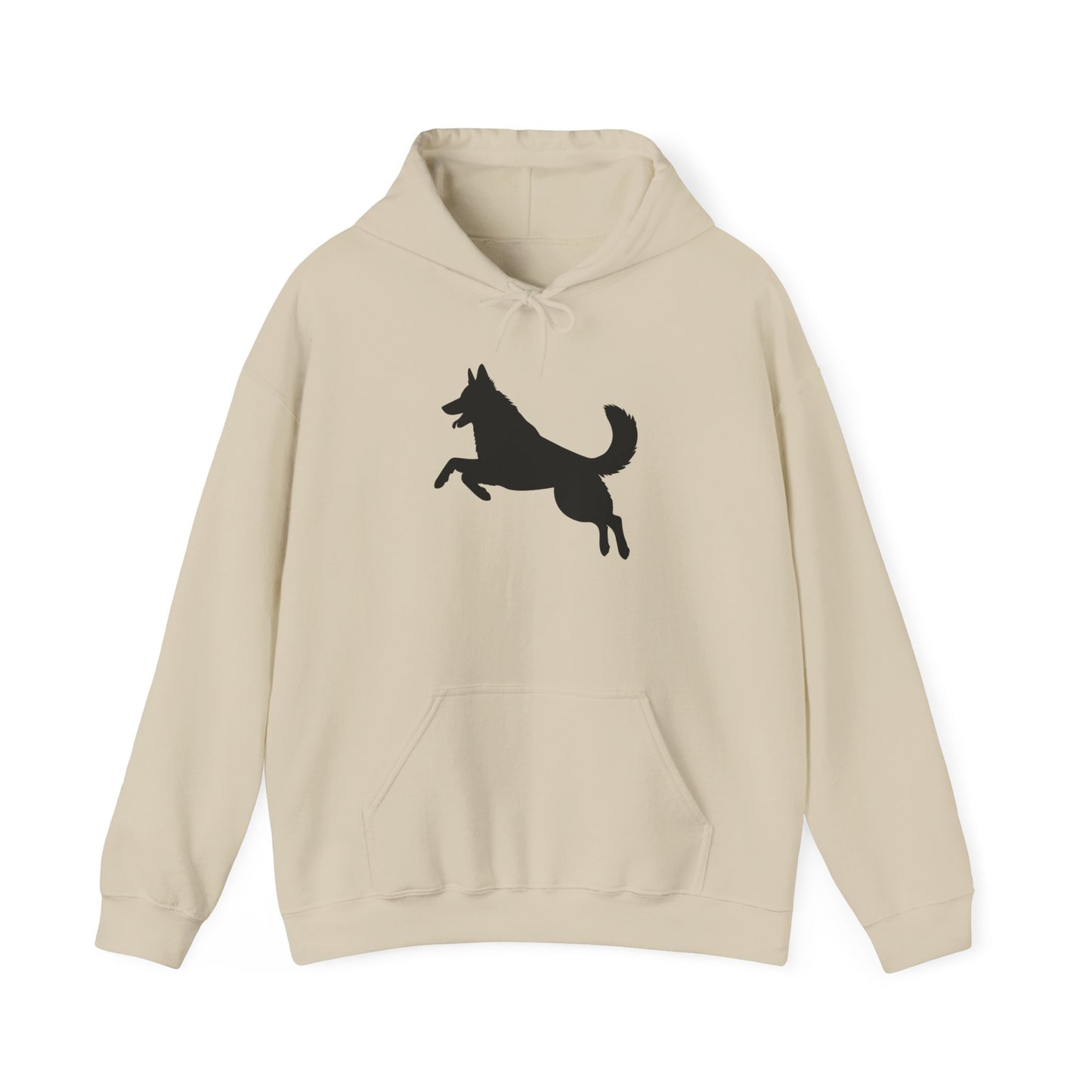 Unisex Dog Lover Hoodie With a Graphic of Solid Black German Shepherd Jumping in the Air
