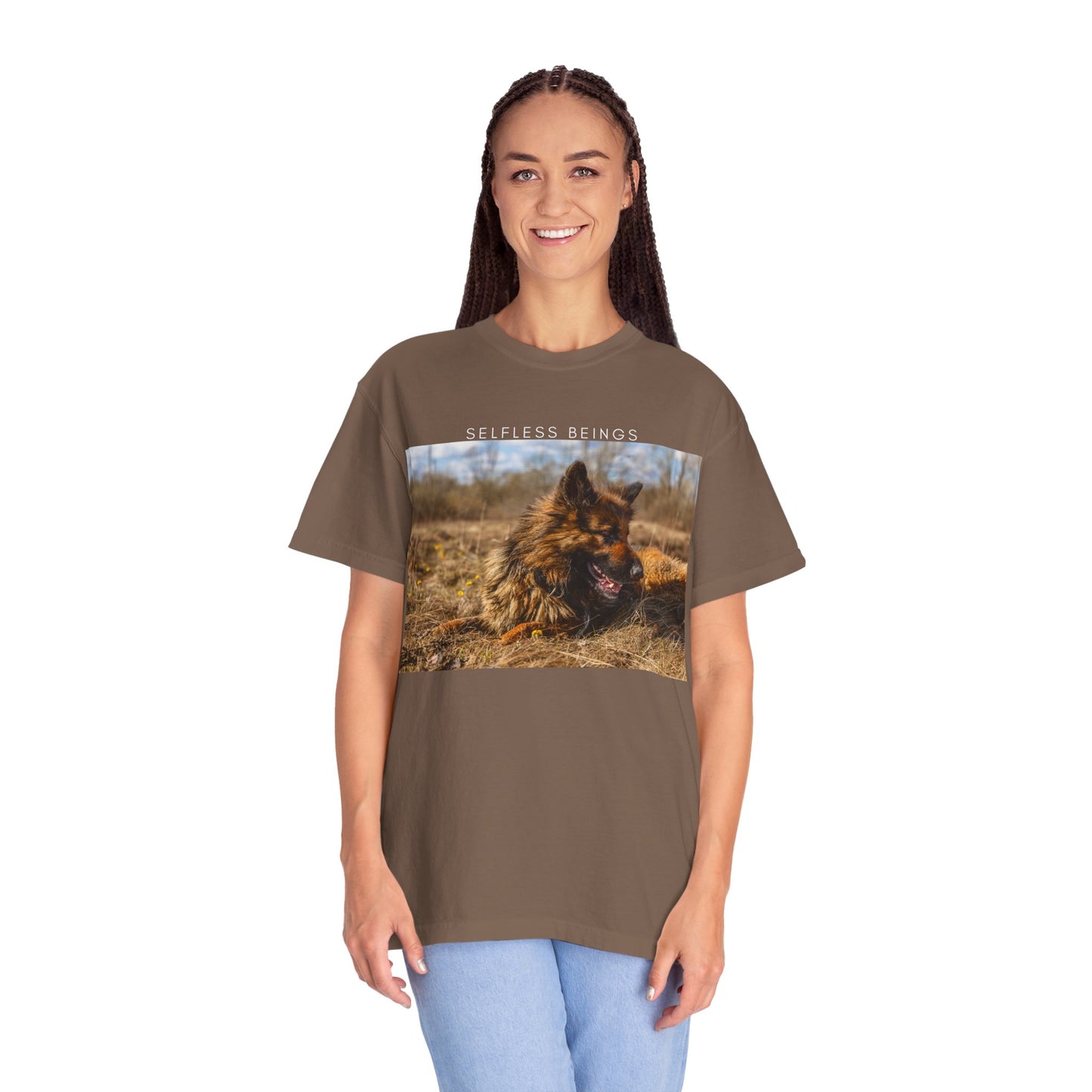 Unisex Dog Lover T-Shirt With a German Shepherd Lying on the Dry Grass in Spring and Caption Selfless Beings