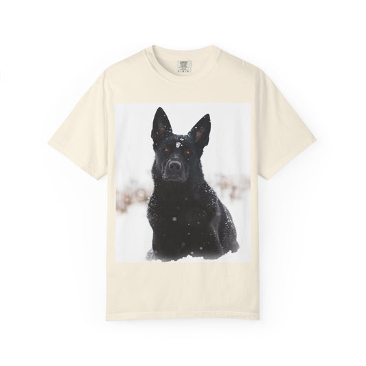 Unisex Dog Lover T-Shirt Featuring a Giant Black Working Line German Shepherd in the Snow
