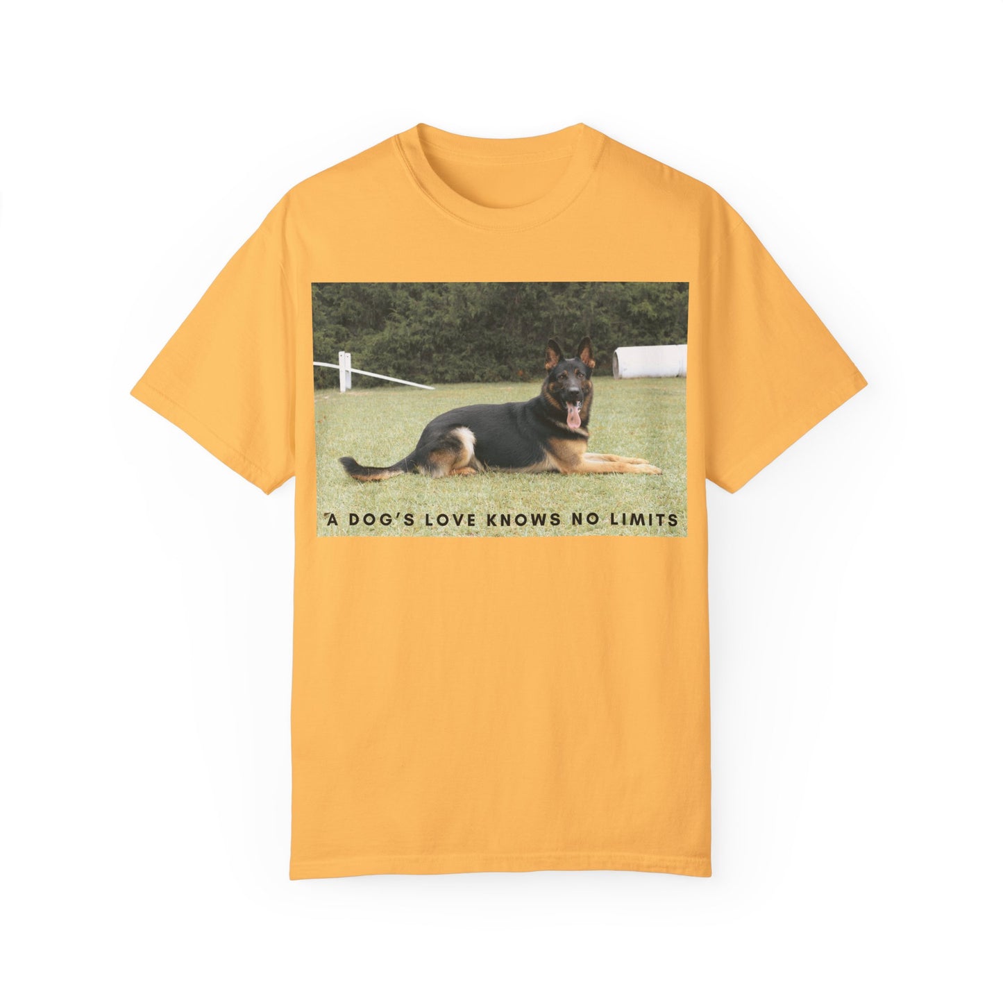 Unisex Dog Lover T-Shirt With a Giant German Shepherd Resting On the Grass Leaving Tongue Out and Text A Dog's Love Knows