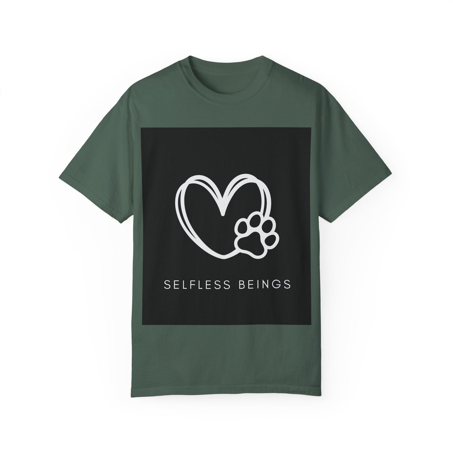 Unisex Dog Lover T-Shirt With White Heart and Dog's Paw Print on Right Side and Caption Selfless Beings