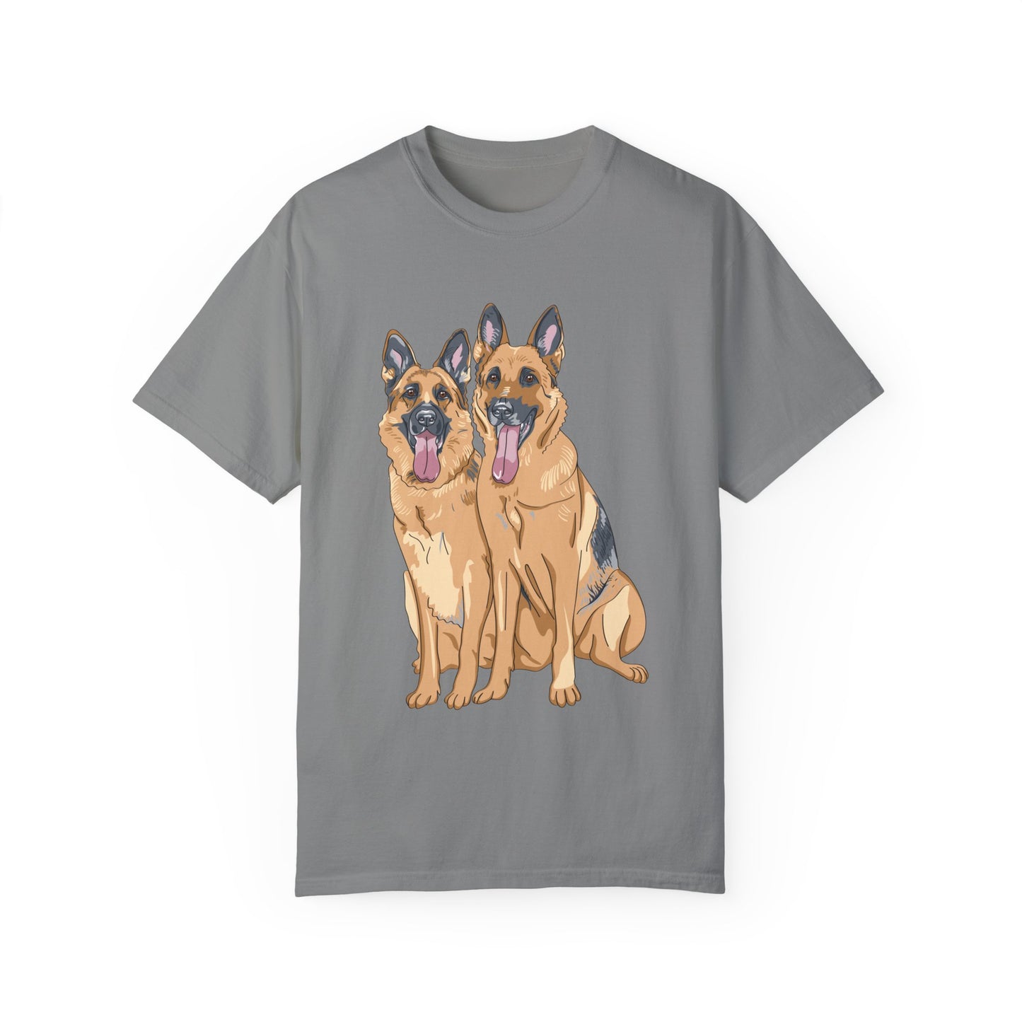 Unisex T-Shirt With Graphic of Two German Shepherds Sloppily Sitting Leaving Tongue Out