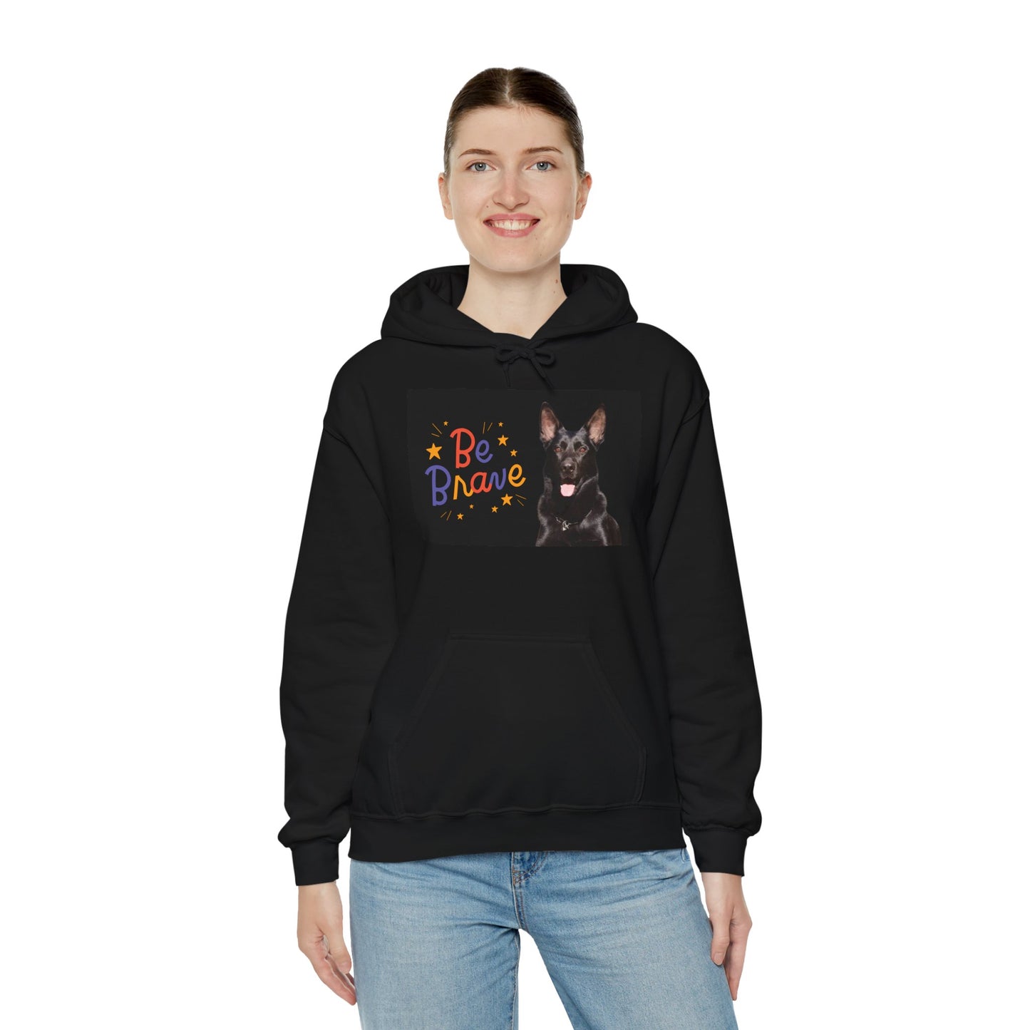 A Unisex Dog Lover Hoodie With Close Up of Solid Black German Shepherd and Caption Be Brave