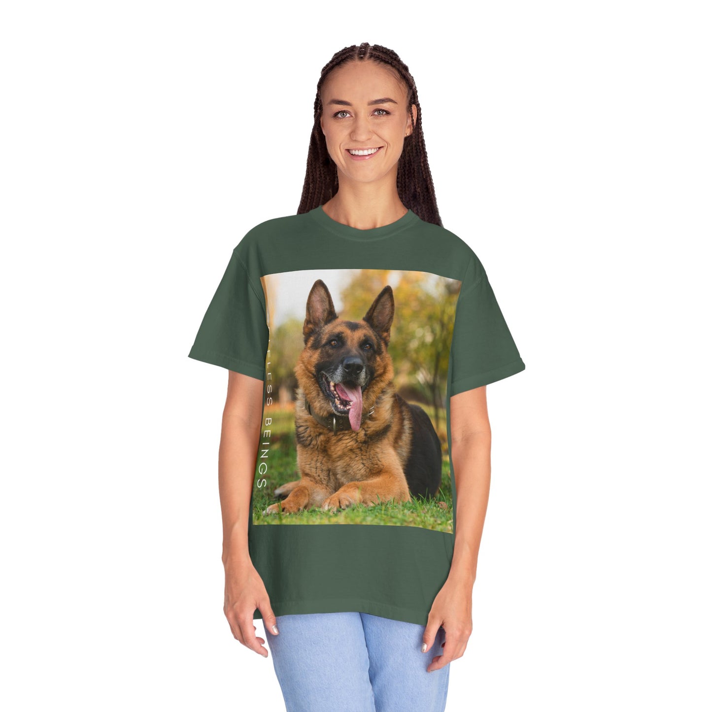 Unisex Dog Lover T-Shirt With Giant German Shepherd Relaxing on the Grass Leaving Tongue Out and Caption Selfless Beings