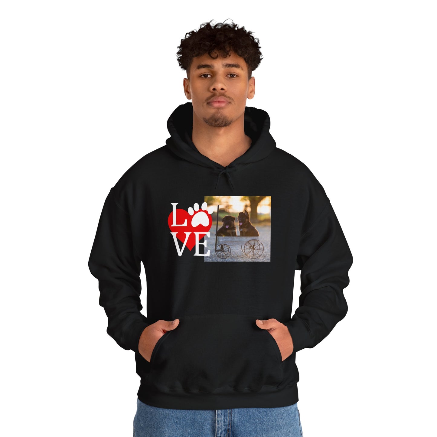 Unisex Dog Lover Hoodie With Two Cute German Shepherd Puppies Sitting on a Cart and Caption Love On Top of Red Heart