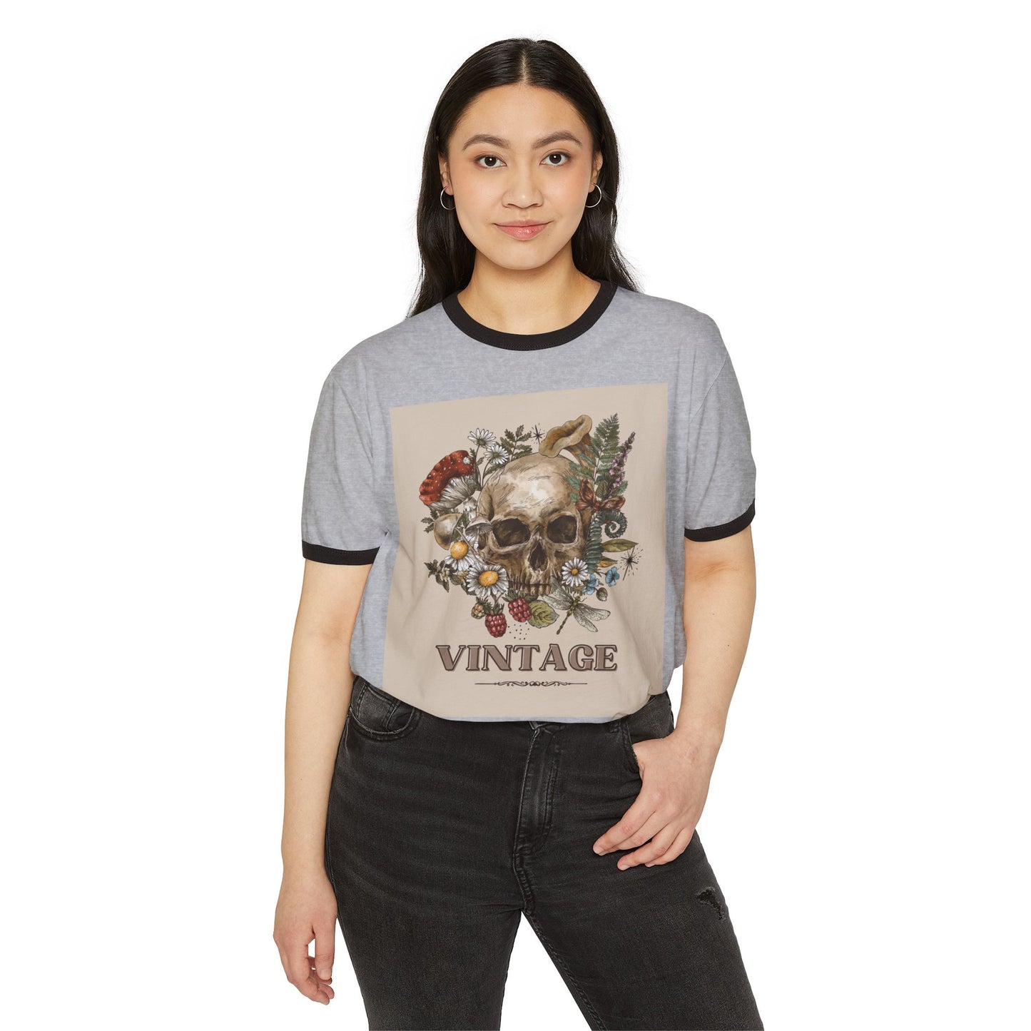 Vintage-Inspired Skull Ringer T-Shirt, Unisex Tee, Boho Style Shirt, Retro Graphic Top, Unique Gift for Halloween, Nature Lovers Apparel