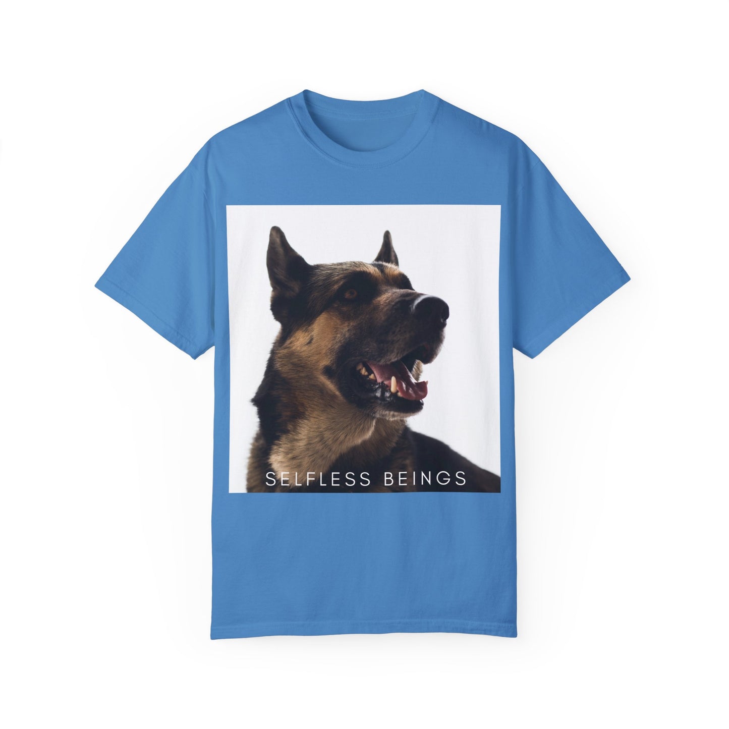 Unisex Dog Lover T-Shirt With Close Up of Large German Shepherd Turning His Face and Caption Selfless Beings