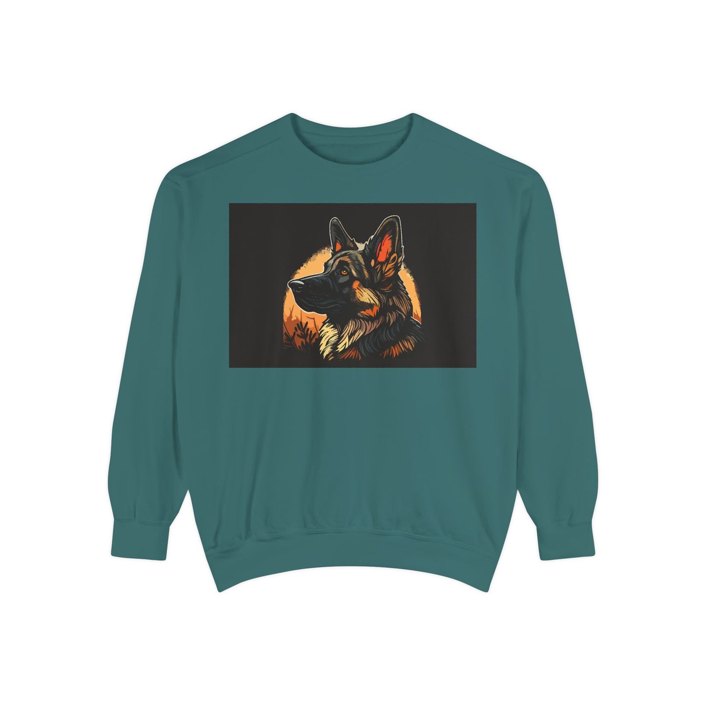 Unisex Dog Lover Sweatshirt With a Close Up Graphic of a German Shepherd In Front of Moon