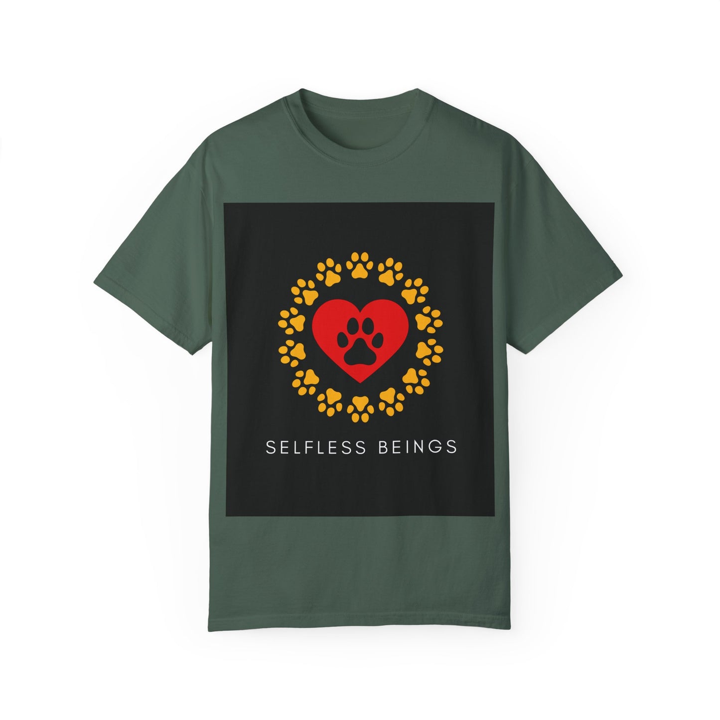 Unisex Dog Lover T-Shirt With Graphic of Yellow Paw Prints In Circle Contain Red Heart Which Contains Black Dog Paw Print Inside and Caption Selfless Beings