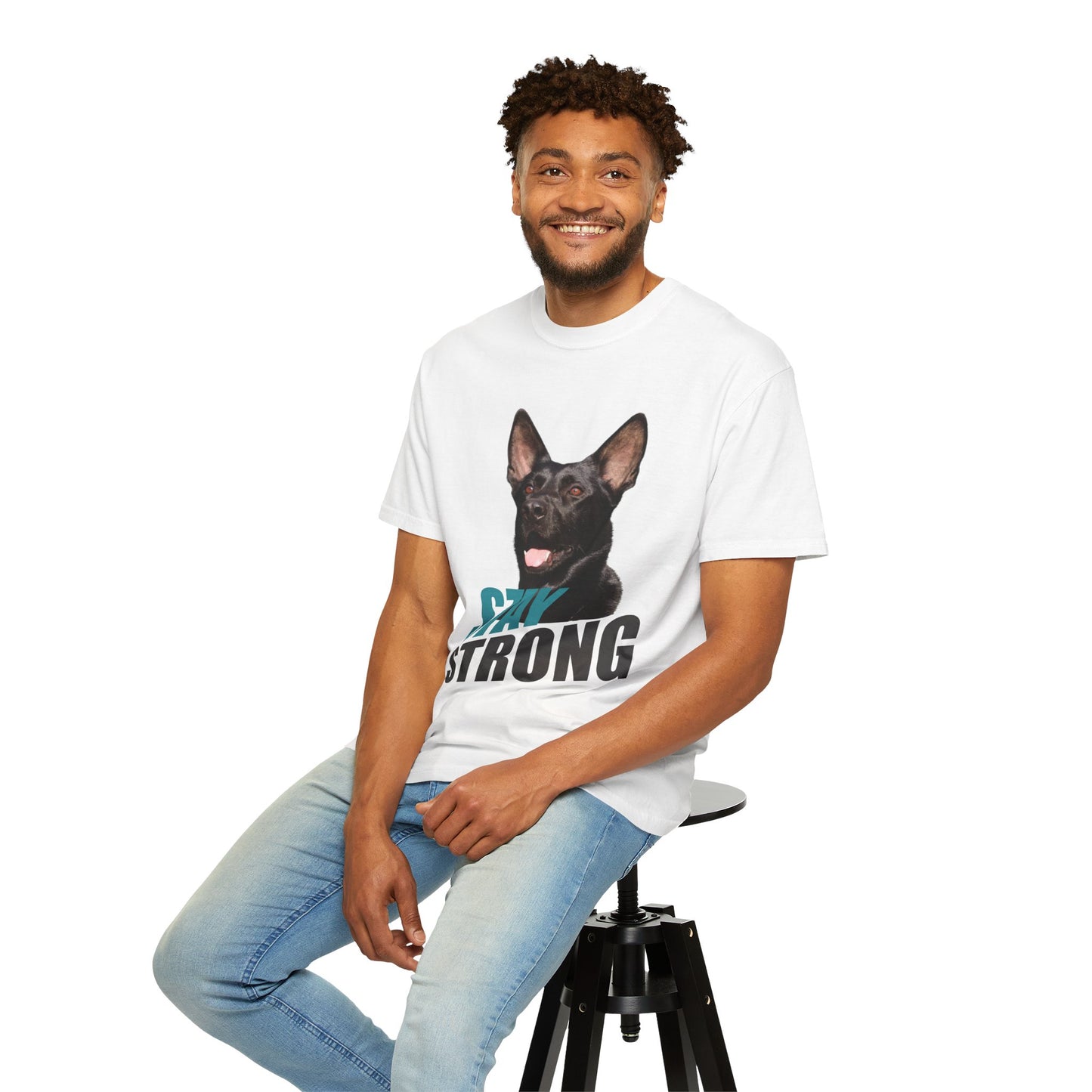 Unisex Dog Lover T-Shirt With Solid Black Working Line German Shepherd Mouth Opened and Caption Stay Strong