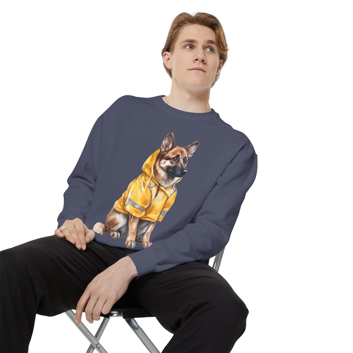 Unisex Dog Lover Sweatshirt With a Graphic of German Shepherd Wearing a Yellow Rain Coat