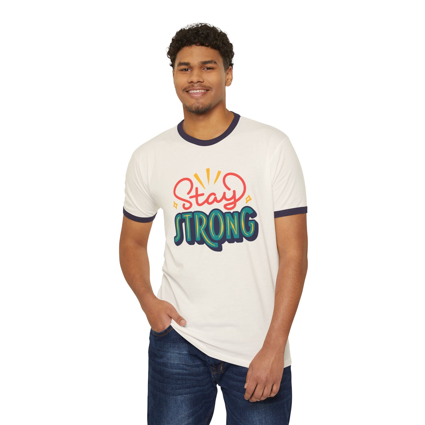 Stay Strong Unisex Cotton Ringer T-Shirt | Motivational Apparel, Gift for Friends, Positive Vibe Shirt, Casual Wear, Mental Health Awareness