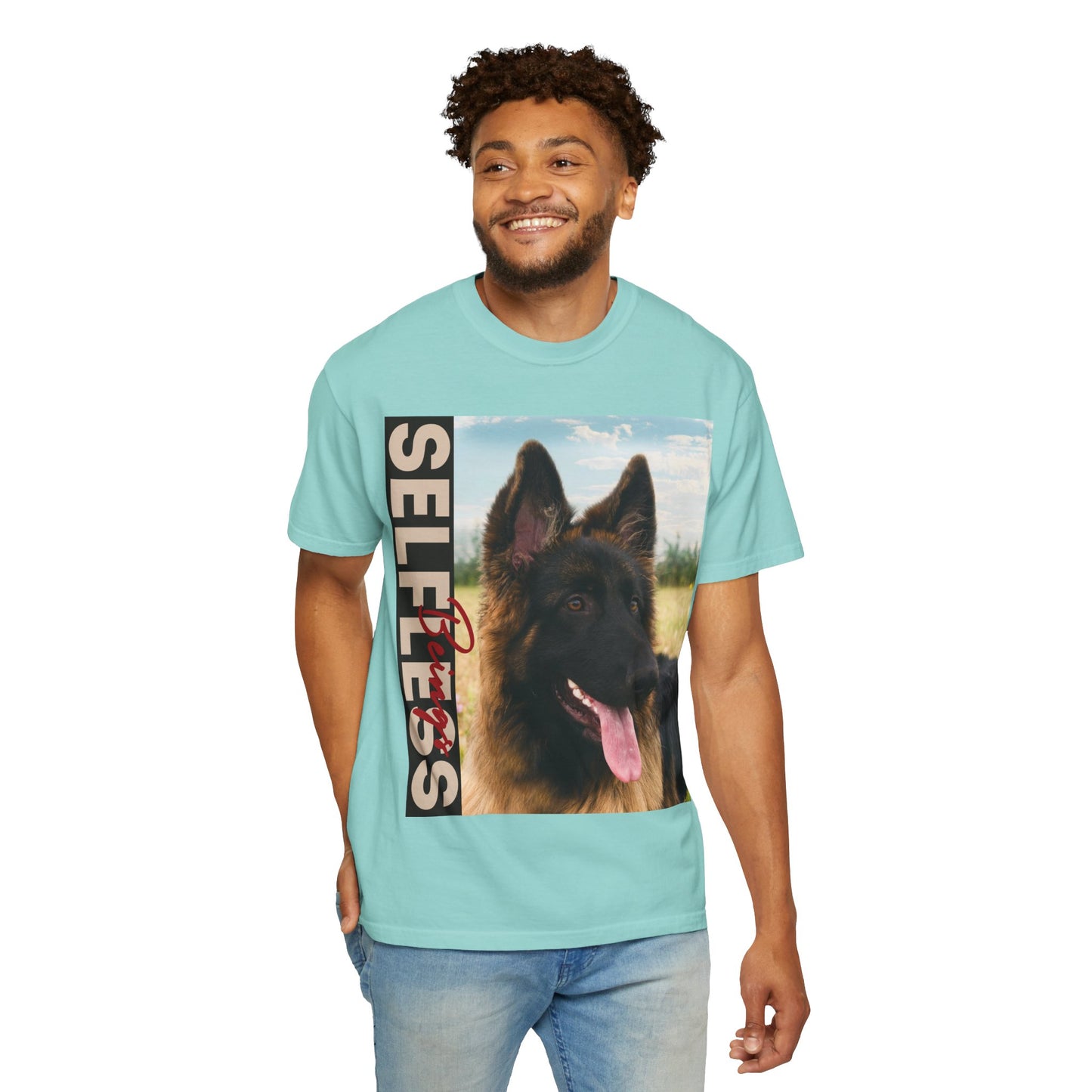 Unisex Dog Lover T-Shirt With Young Long Coat German Shepherd Looking Sideways Leaving Tongue Out and Caption Selfless Beings Written With Beige Red