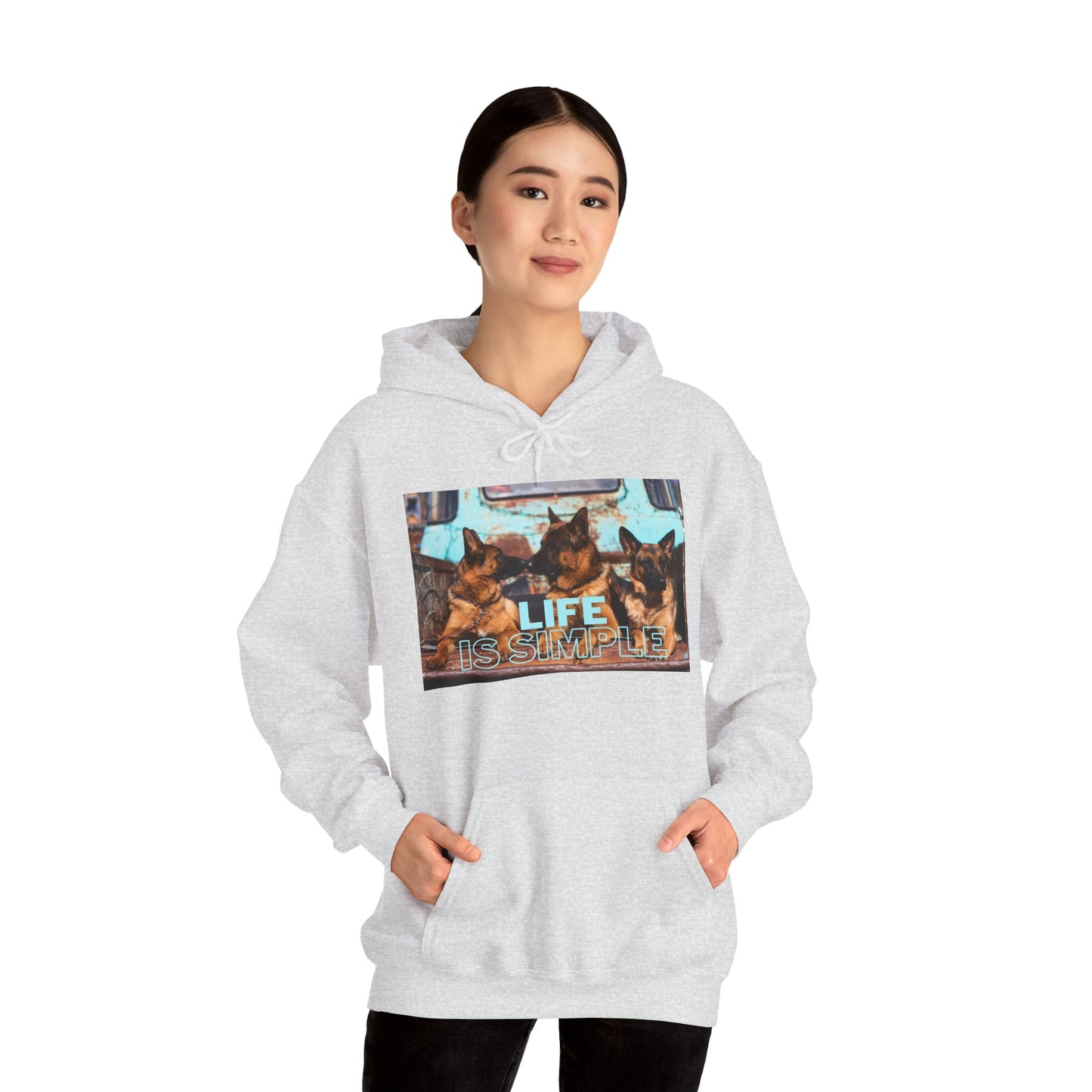 Unisex Dog Lover Hoodie With Three German Shepherds Sitting on the Truck's Cargo Bed and Caption Life is Simple
