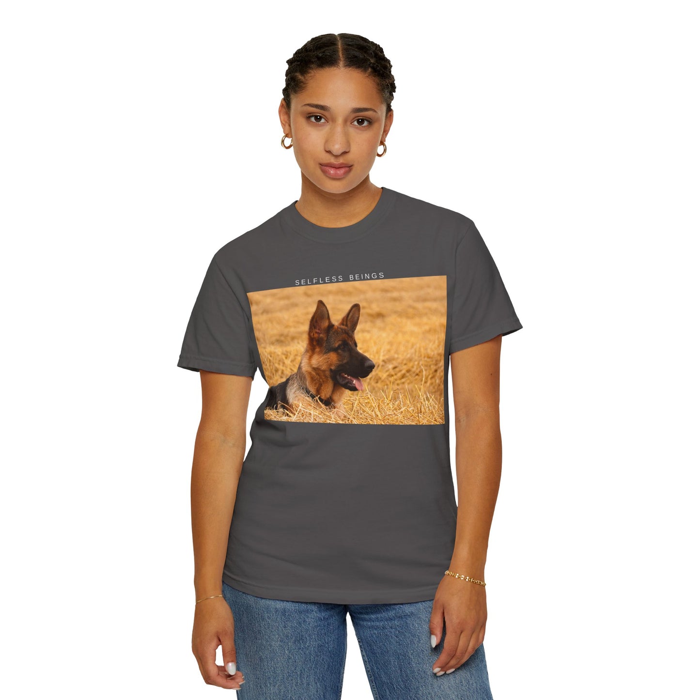 Unisex Dog Lover T-Shirt With a German Shepherd Relaxing on the Long Dry Grass and Caption Selfless Beings