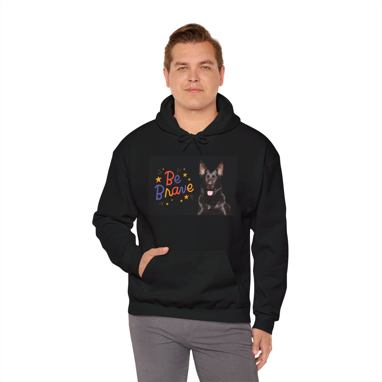 A Unisex Dog Lover Hoodie With Close Up of Solid Black German Shepherd and Caption Be Brave