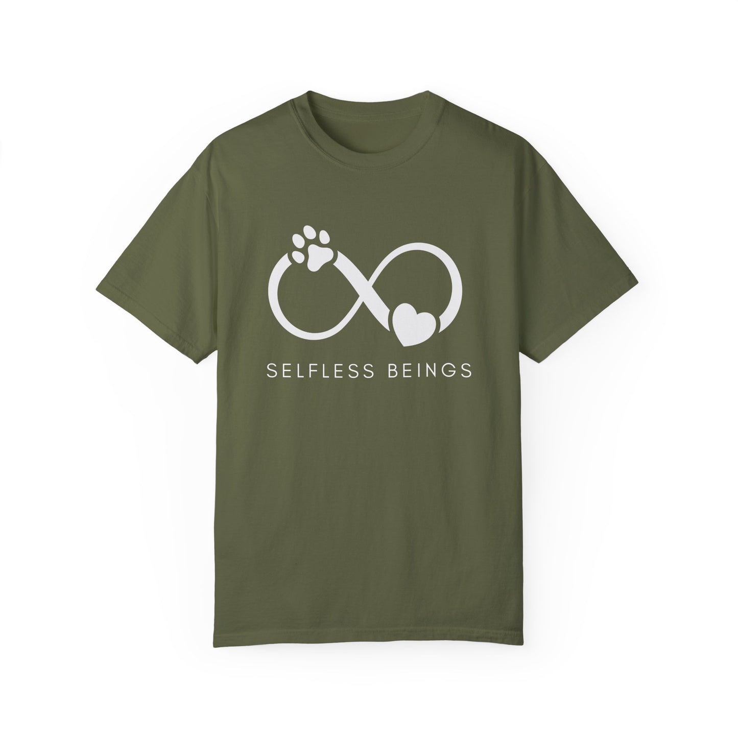Unisex Dog Lover T-Shirt With Paw Print and Heart on Infinity Symbol and Caption Selfless Beings Below